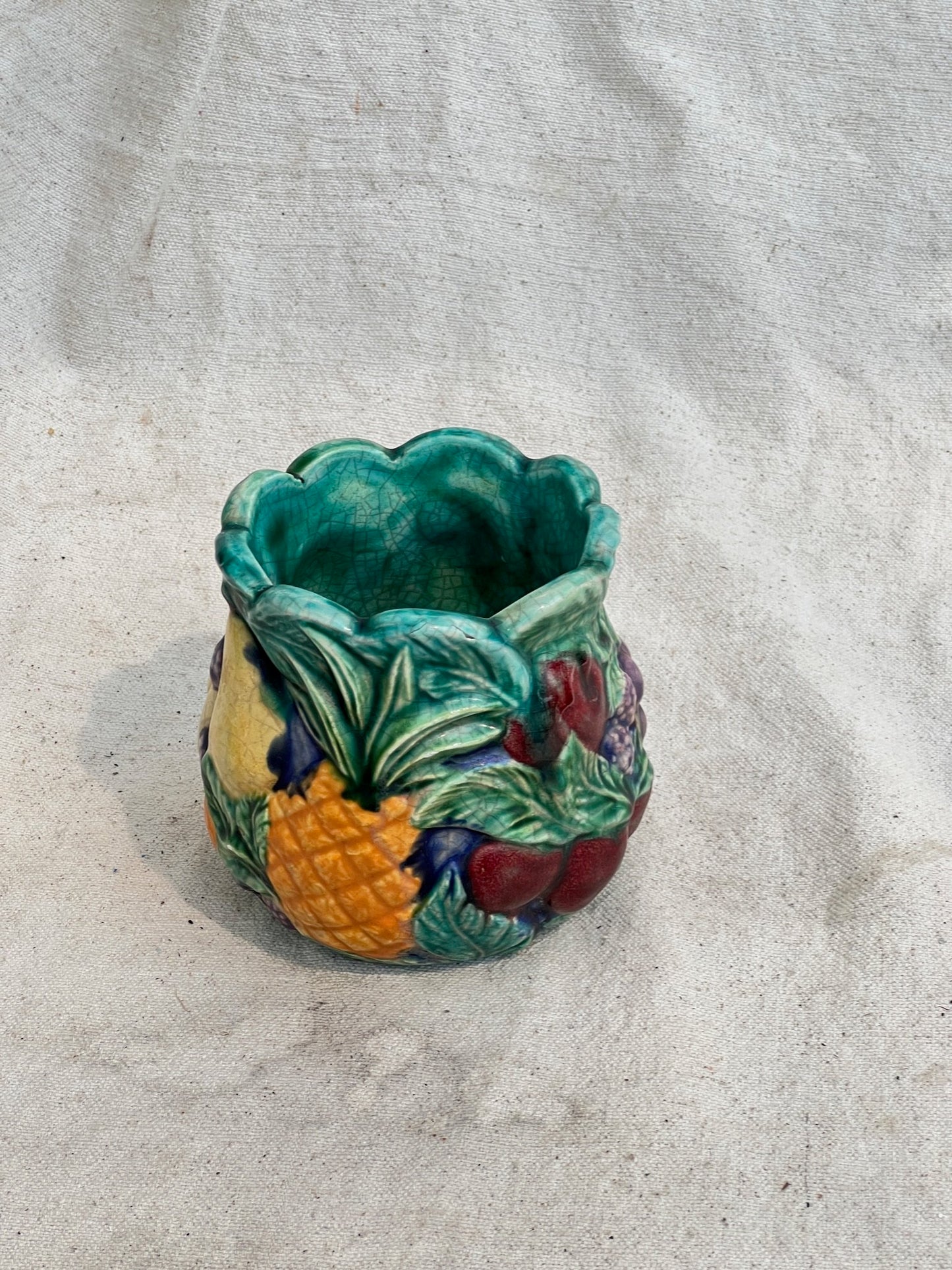 1990s Vibrant Glazed and Painted Ceramic Fruit Jar Vase (Signed)