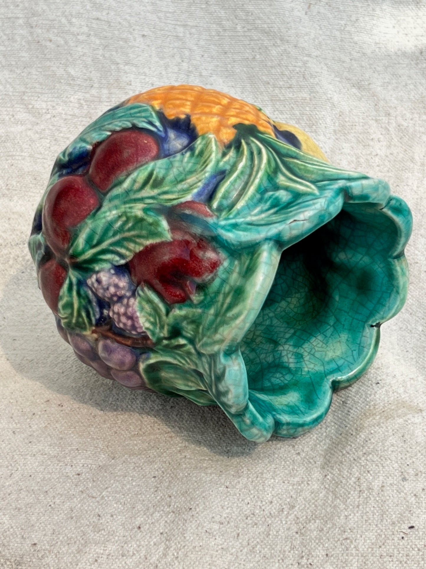 1990s Vibrant Glazed and Painted Ceramic Fruit Jar Vase (Signed)