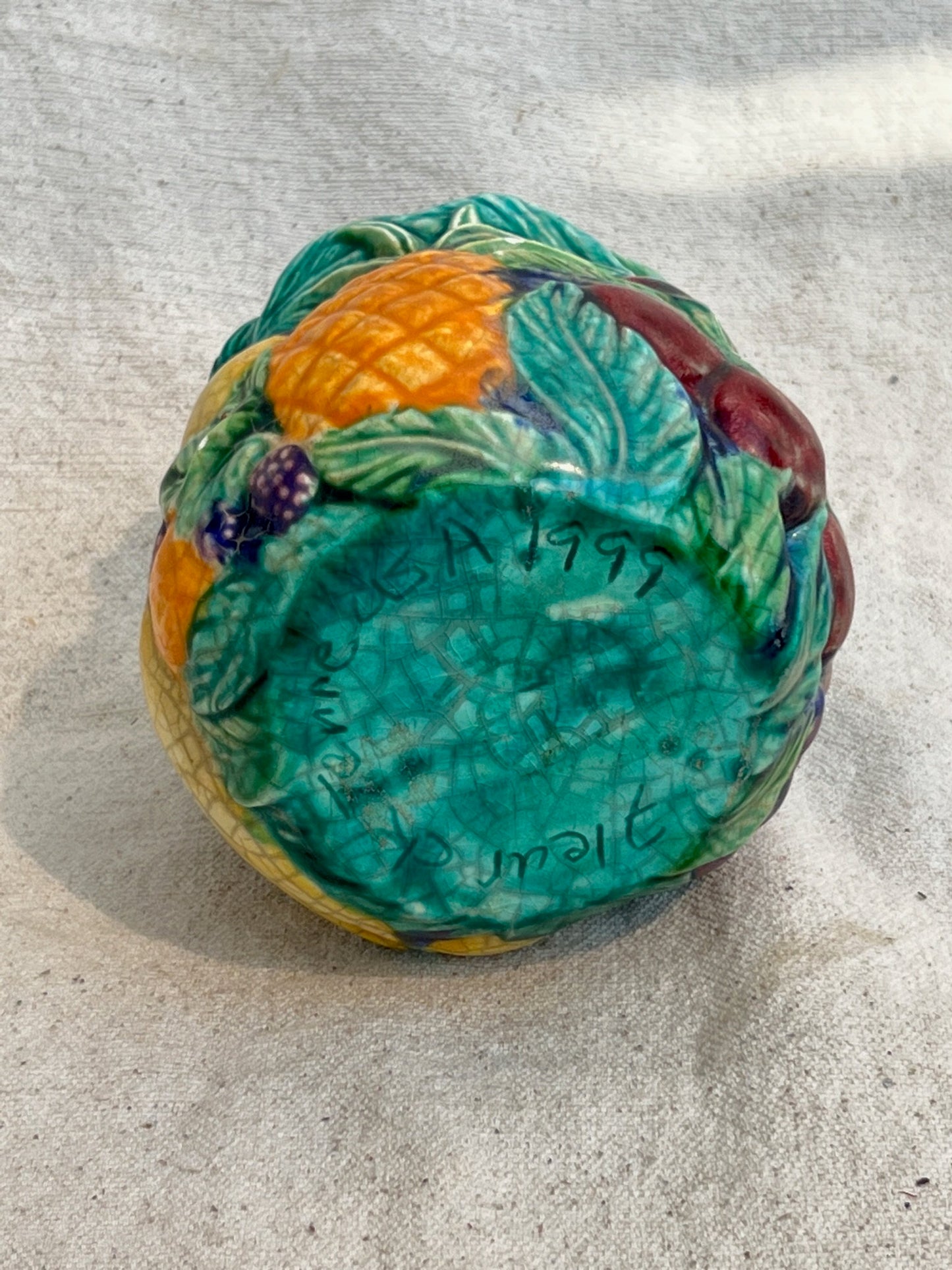 1990s Vibrant Glazed and Painted Ceramic Fruit Jar Vase (Signed)