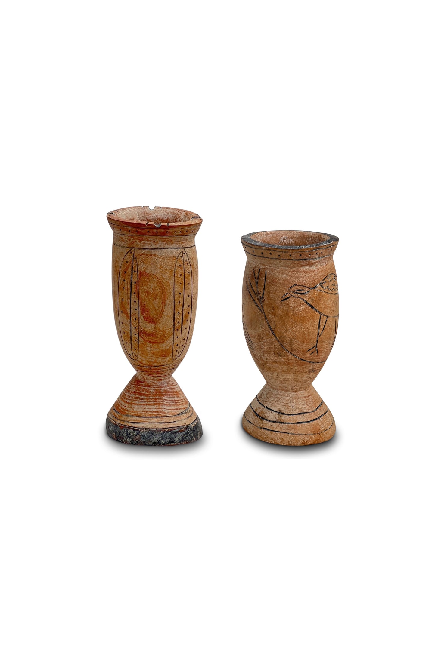 Pair of Vintage Wooden Goblets with Hand Carved Primitive Illustrations