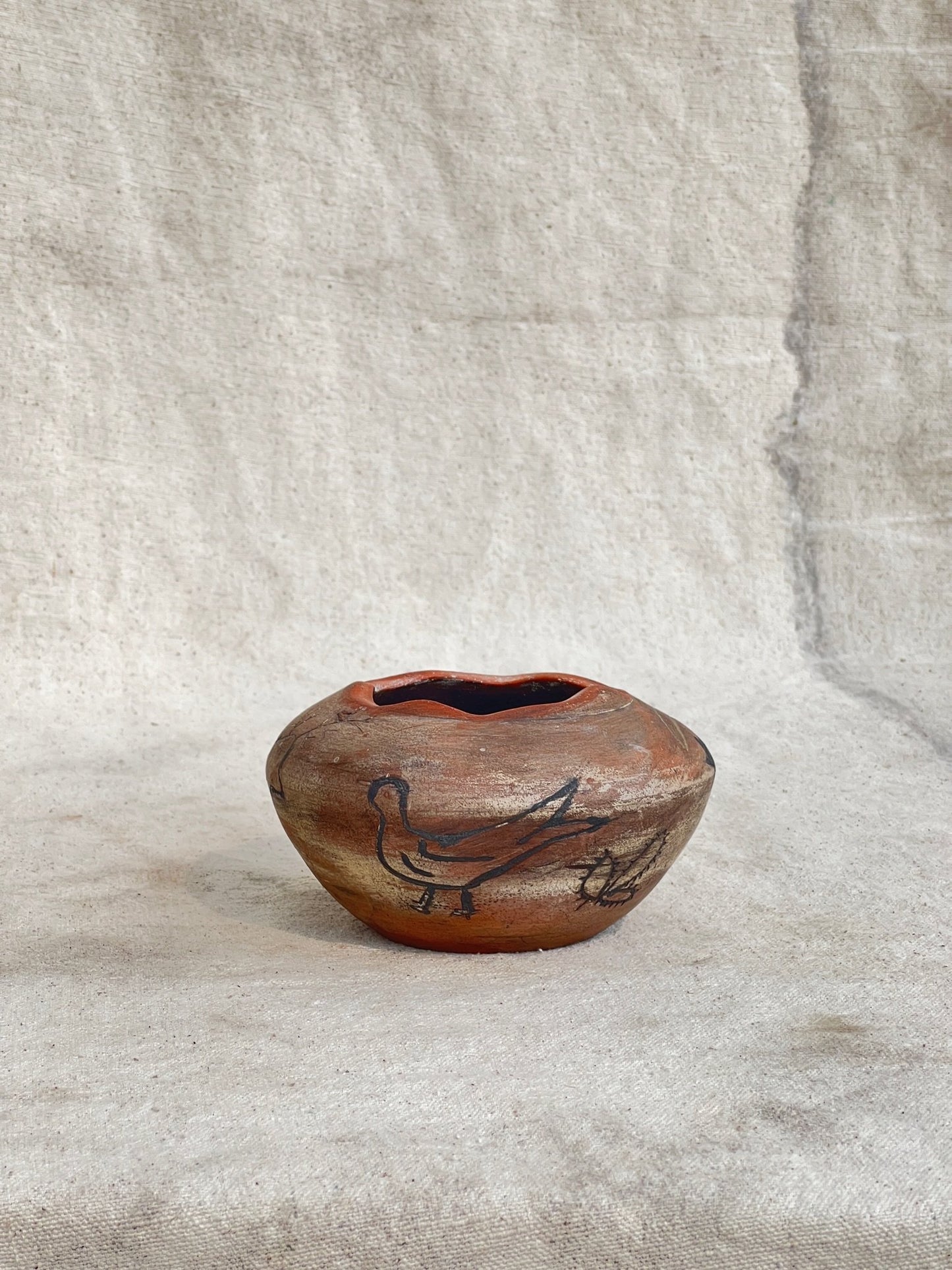 Vintage Clay Vase with Primitive Drawings (Signed)