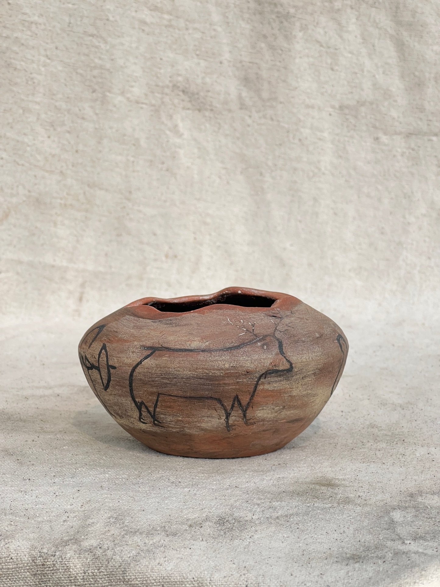 Vintage Clay Vase with Primitive Drawings (Signed)
