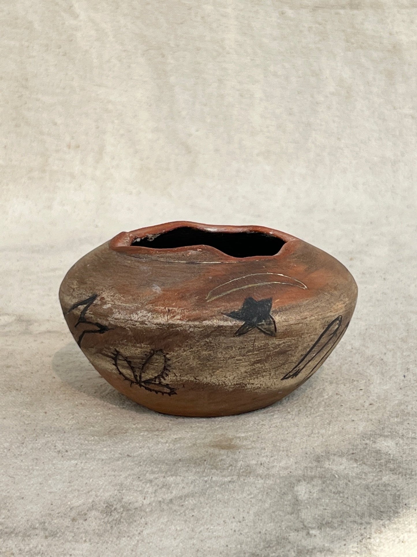 Vintage Clay Vase with Primitive Drawings (Signed)