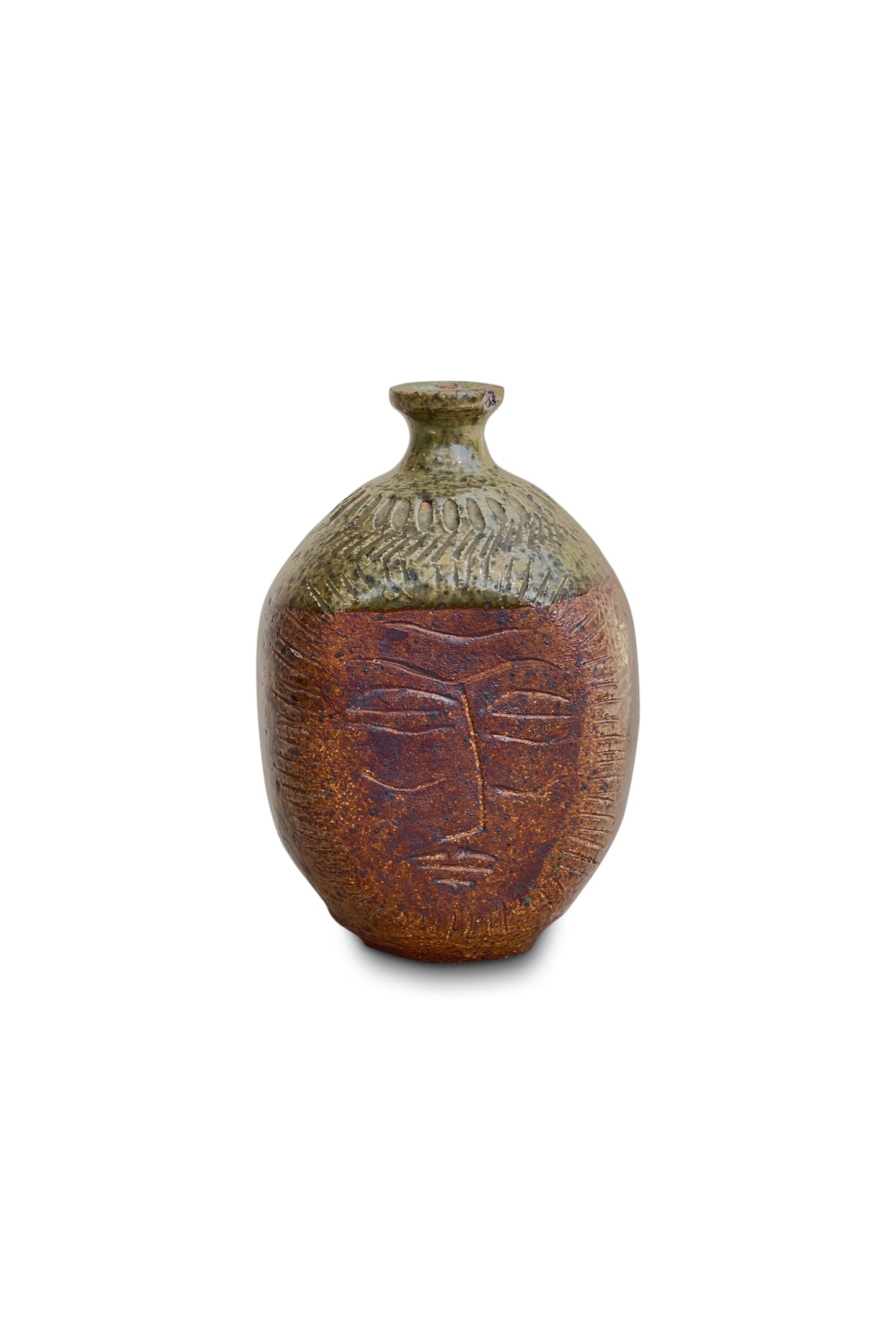 Ceramic Stoneware Bud Vase with Engraved Face Design by E. Harris