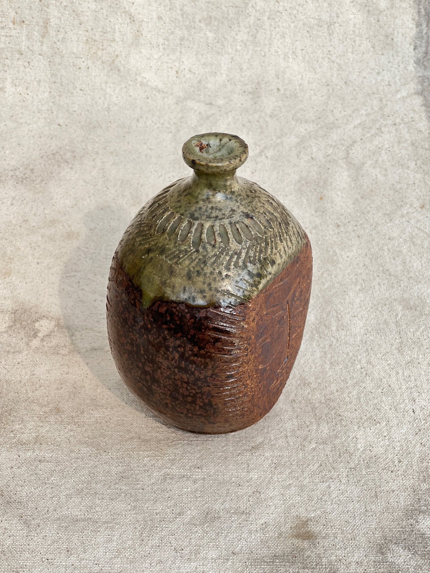 Ceramic Stoneware Bud Vase with Engraved Face Design by E. Harris