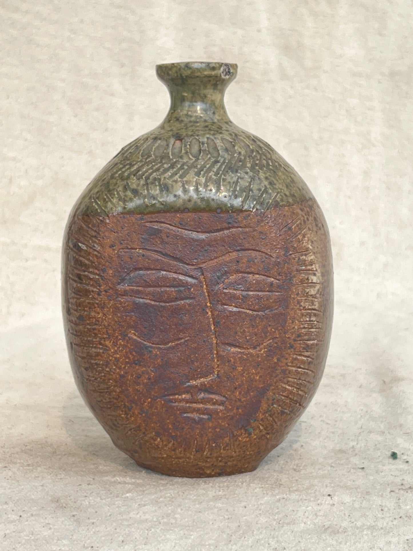 Ceramic Stoneware Bud Vase with Engraved Face Design by E. Harris