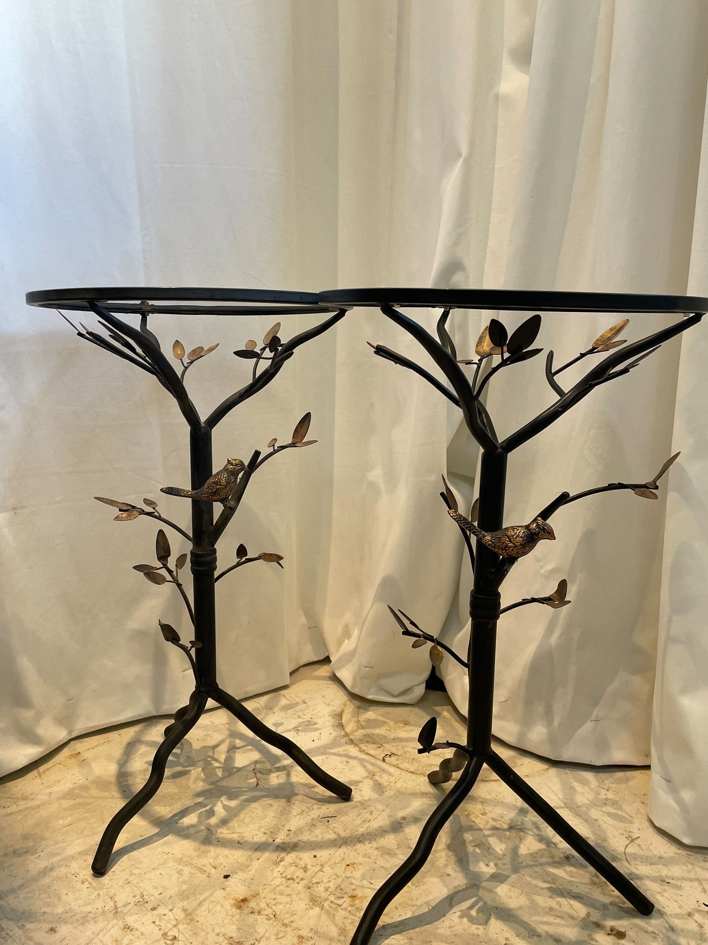 Pair of Iron and Glass Bird Motif Side Tables – Tree Branch Design