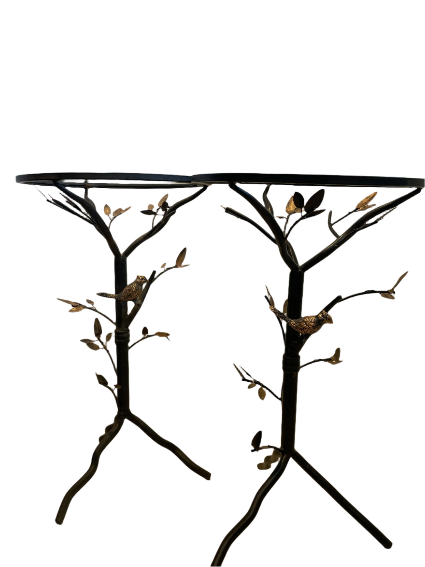 Pair of Iron and Glass Bird Motif Side Tables – Tree Branch Design