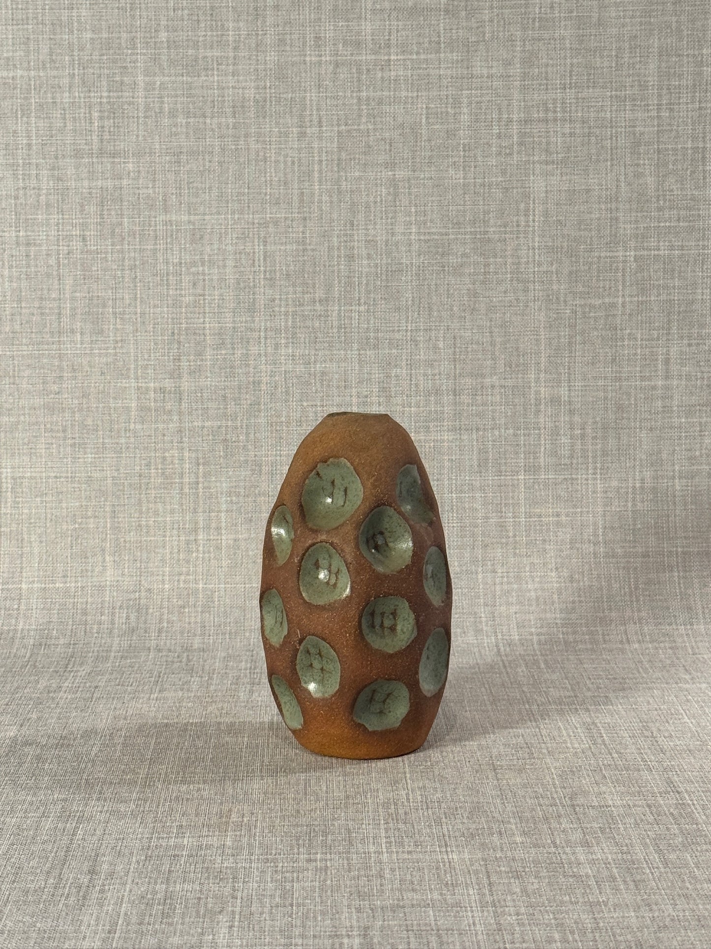 Handmade Terracotta Glazed Studio Pottery Bud Vase with Celadon Impressions