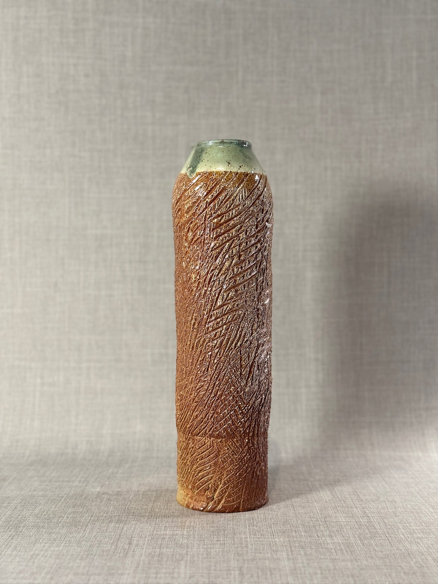 Tall Textured Studio Pottery Vase with Glazed Rim – Signed Ceramic Art Piece