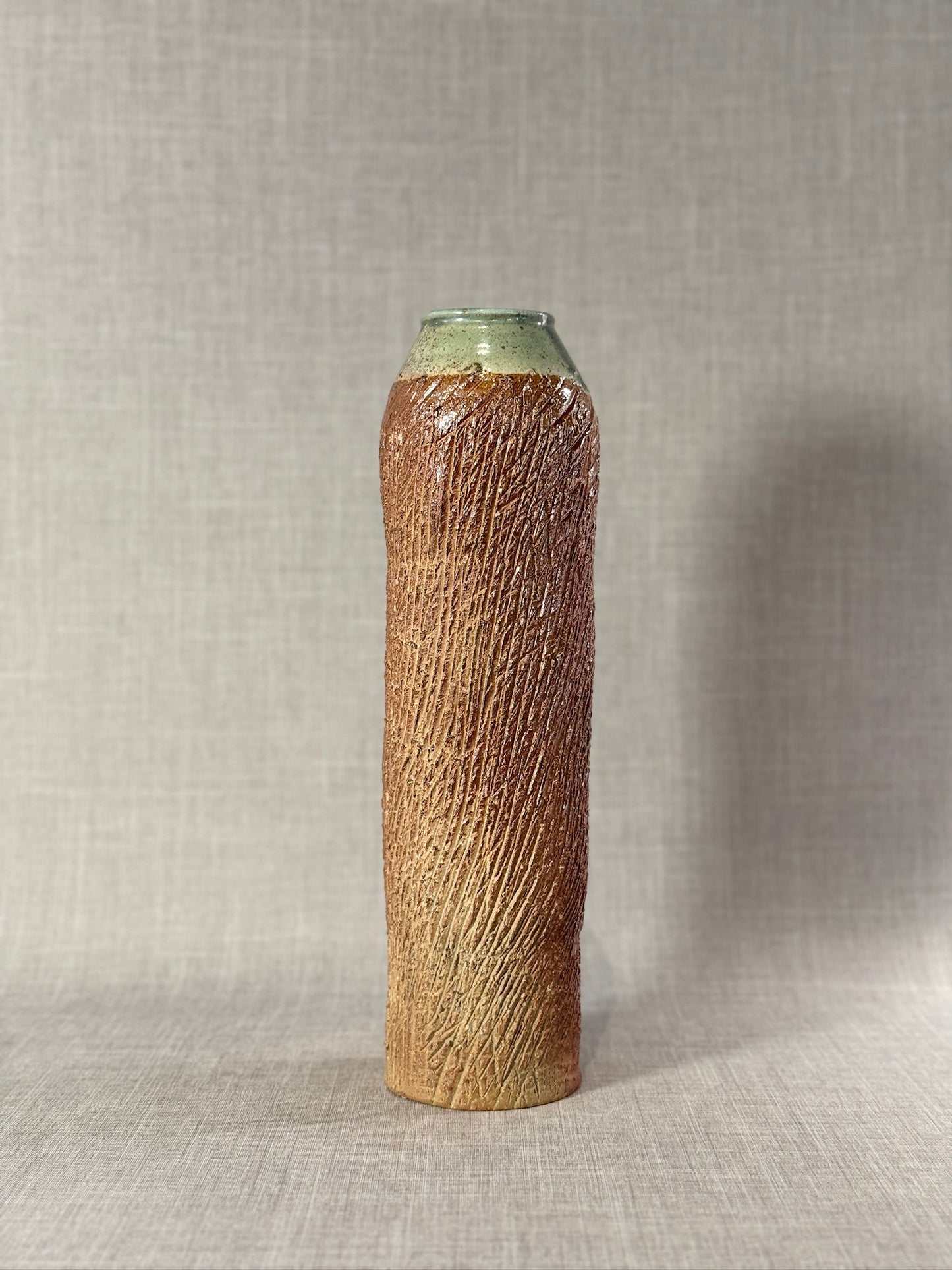 Tall Textured Studio Pottery Vase with Glazed Rim – Signed Ceramic Art Piece