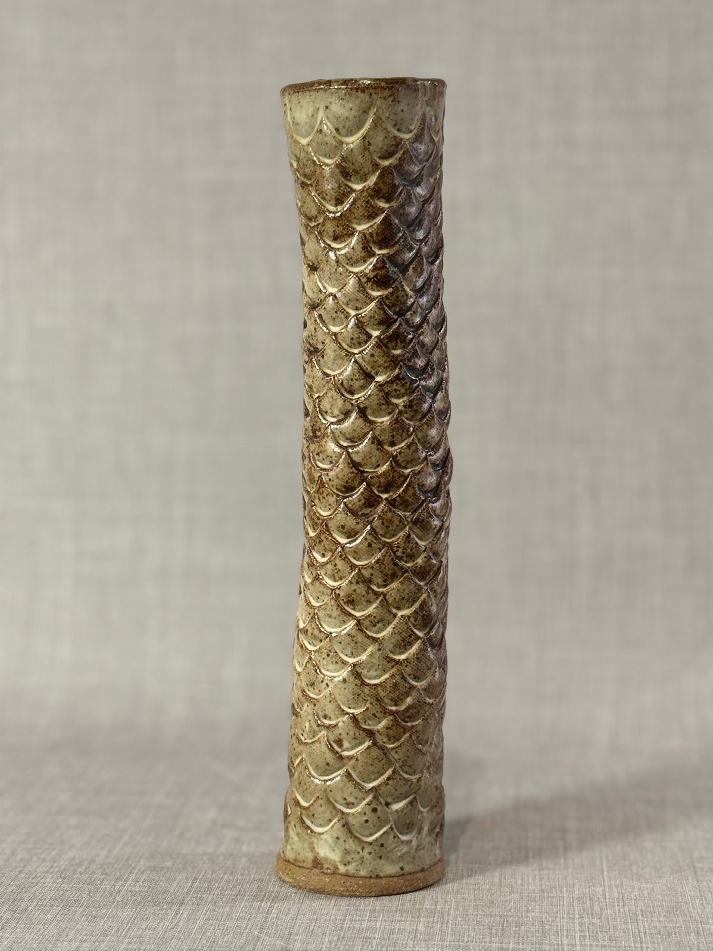 Tall Hand-Glazed Studio Pottery Vase with Fish Scale Relief – Signed A.G.E