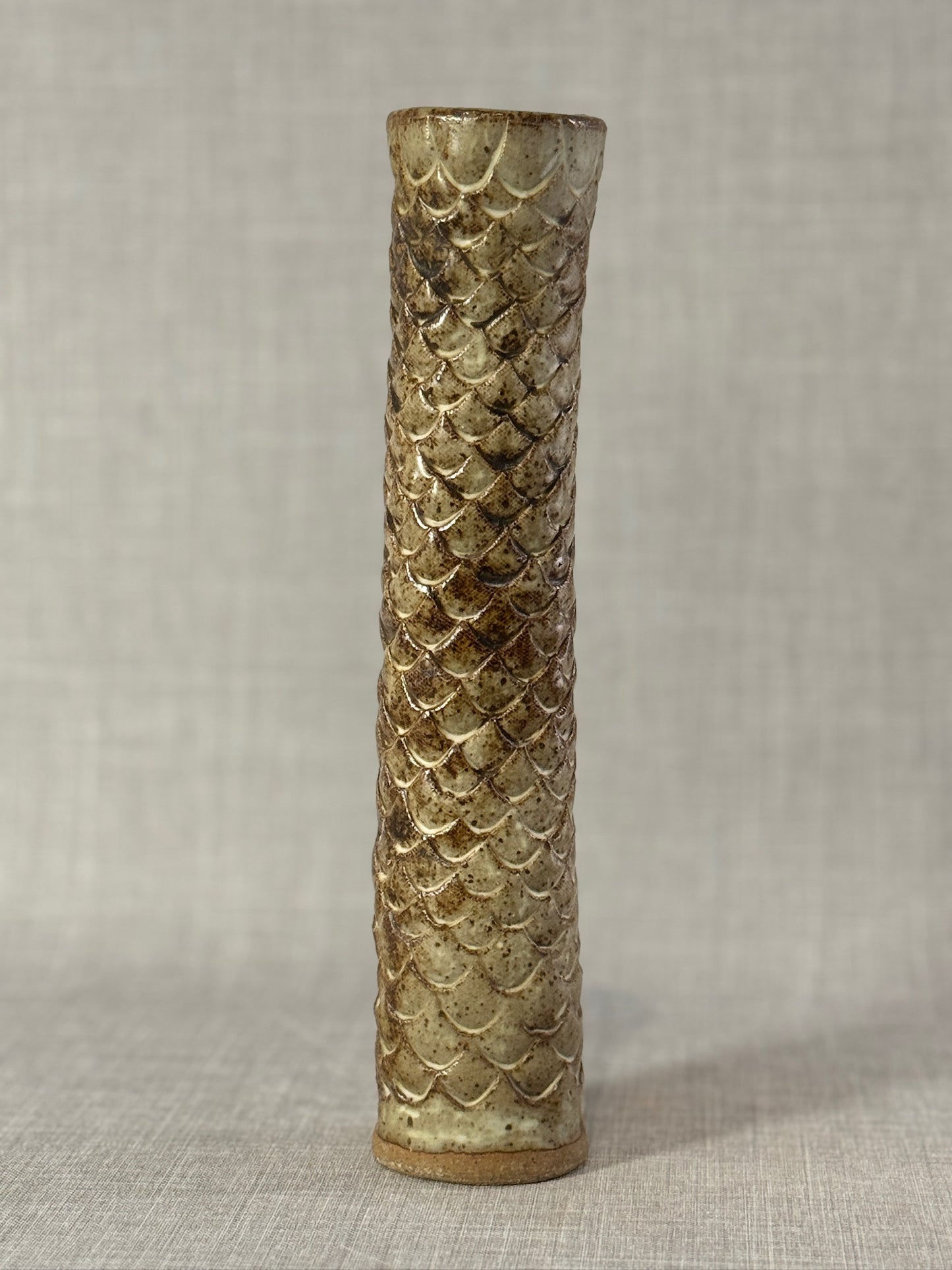 Tall Hand-Glazed Studio Pottery Vase with Fish Scale Relief – Signed A.G.E