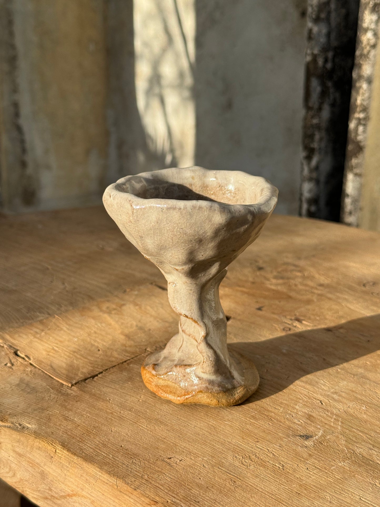 Vintage Naïve Art Pottery Goblet with Hand Pressed Stem Signed Mary