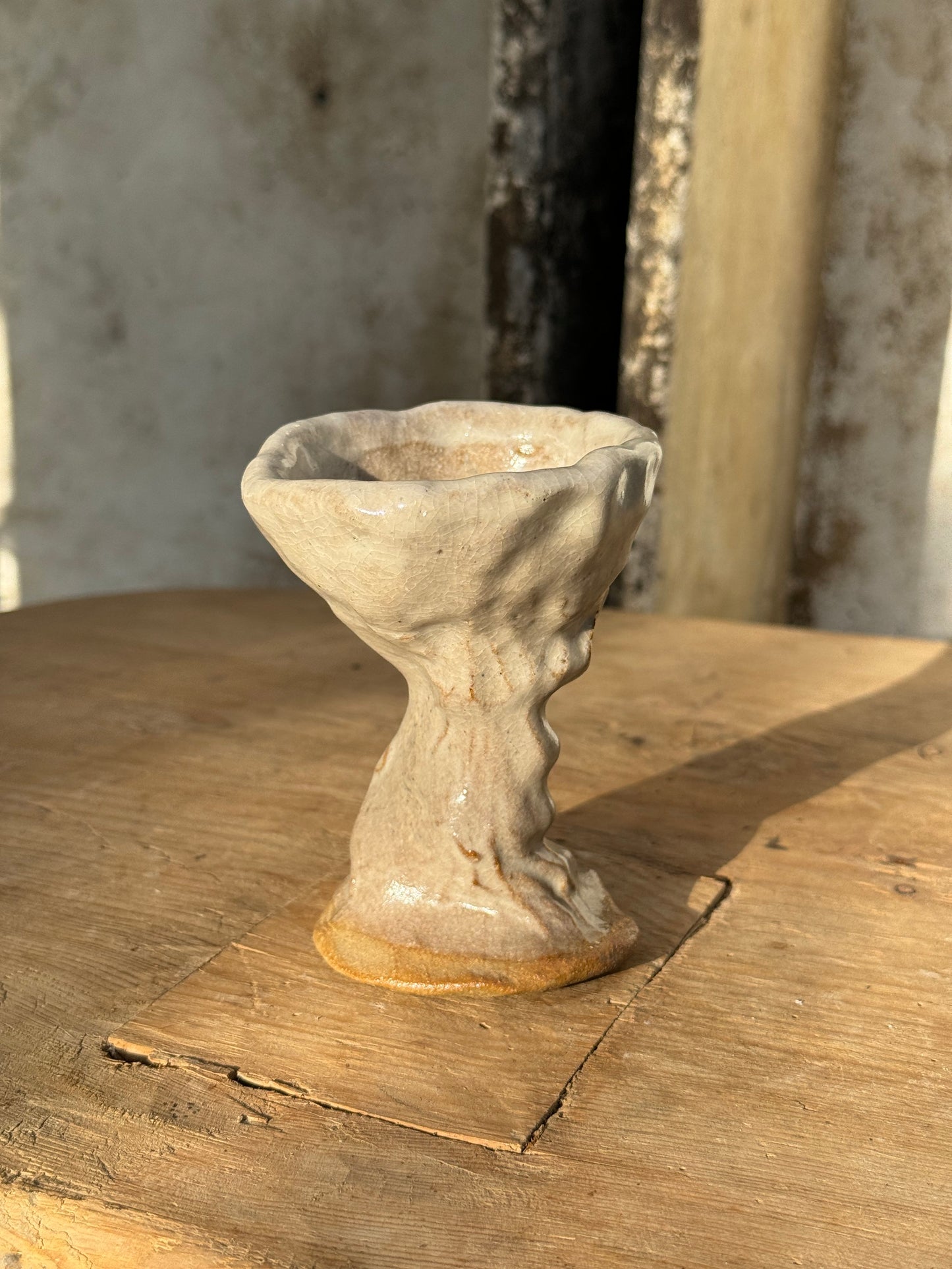 Vintage Naïve Art Pottery Goblet with Hand Pressed Stem Signed Mary
