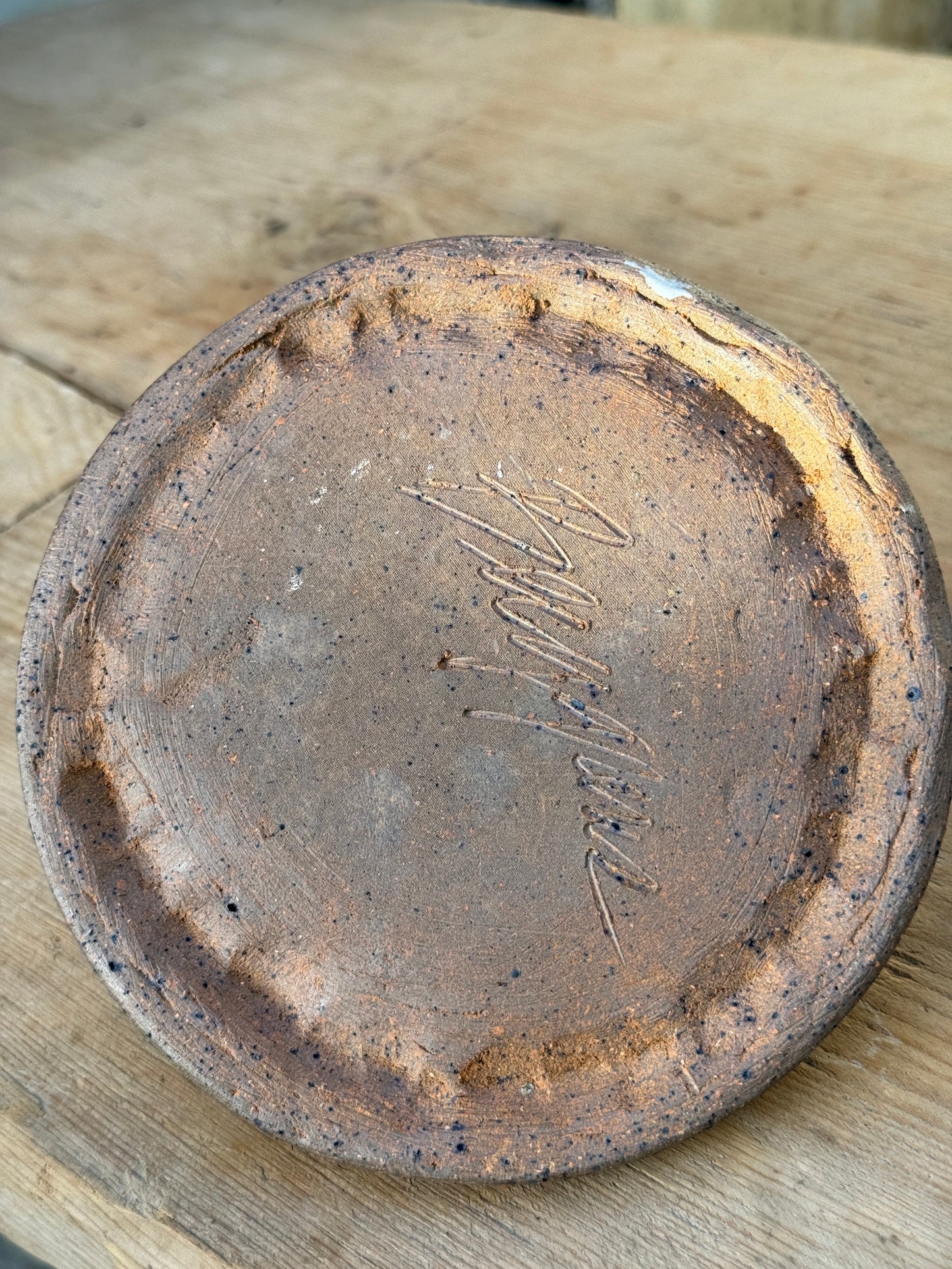 Vintage Hand Crafted Unglazed Flat Oil Lamp with Etched Wheat (Signed)