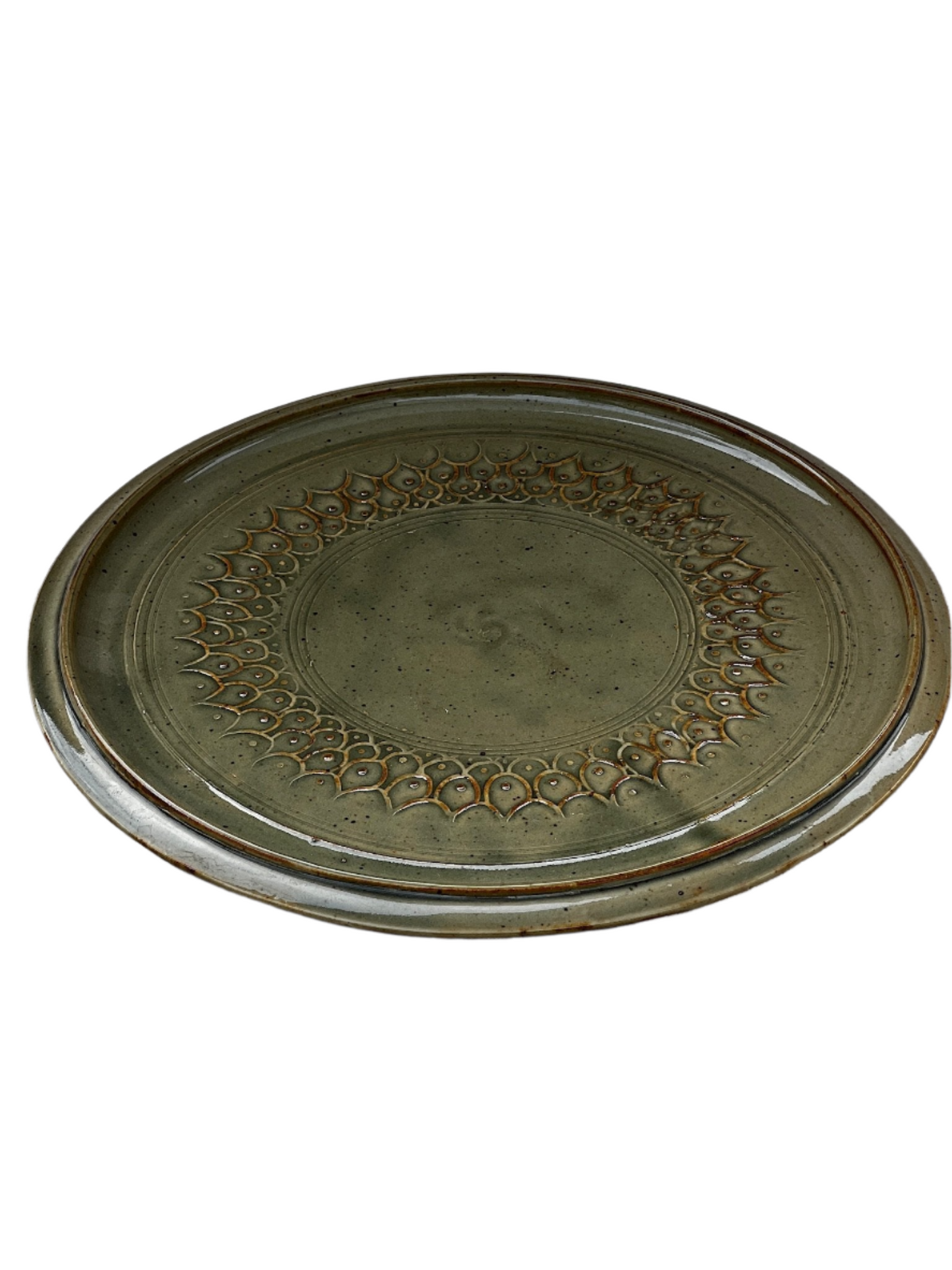 Signed vintage ceramic cake plate - earthy green