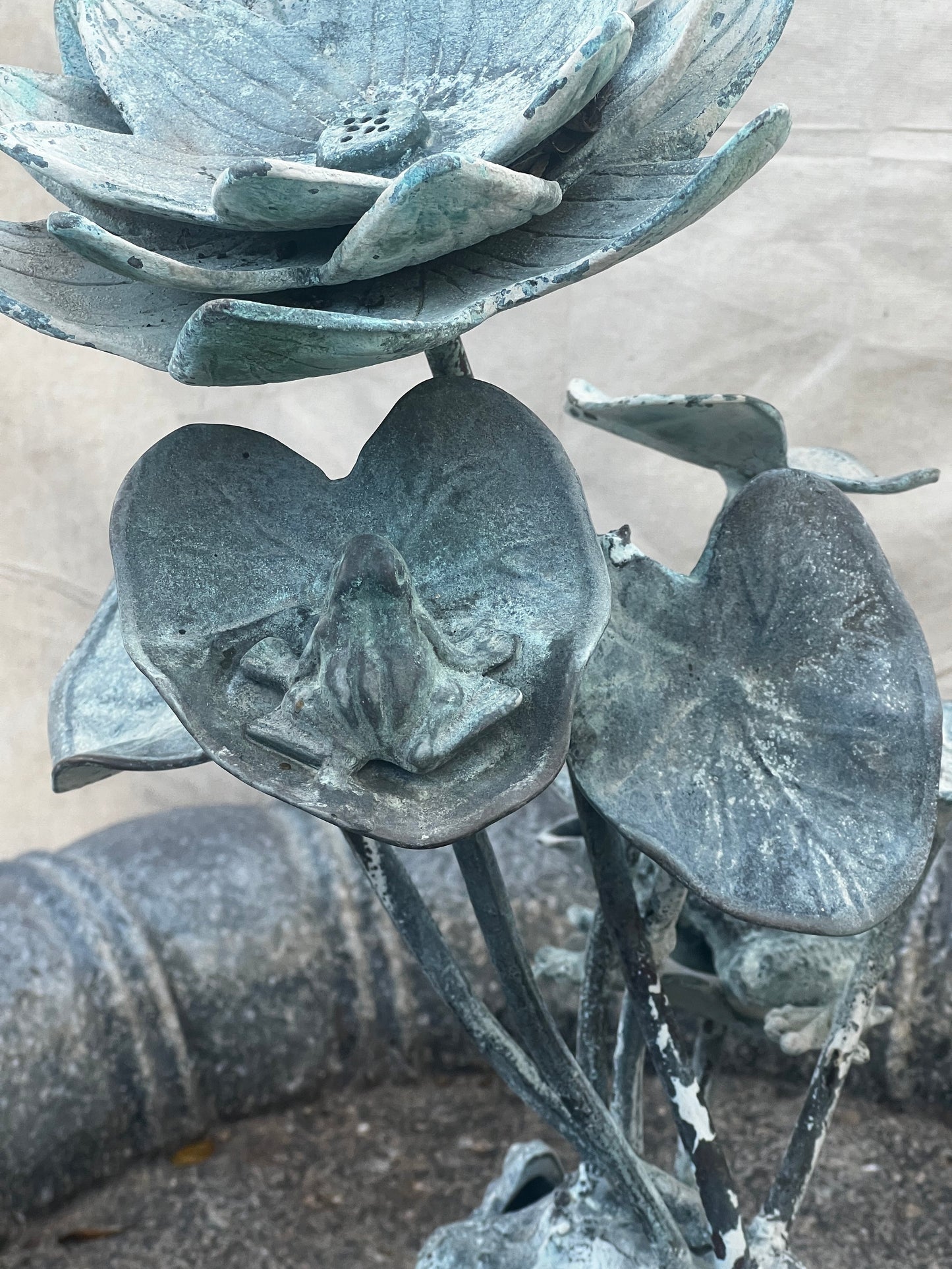 Vintage Verdigris Copper Lily Pad & Frog Fountain