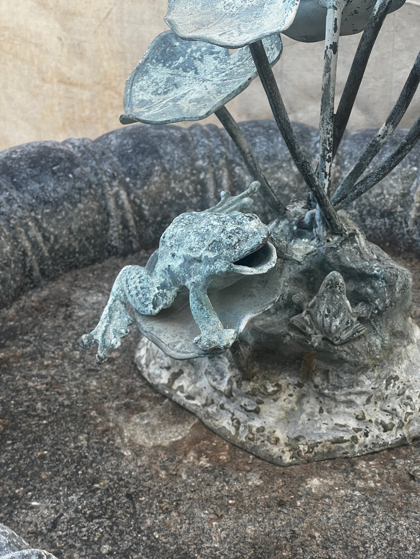 Vintage Verdigris Copper Lily Pad & Frog Fountain