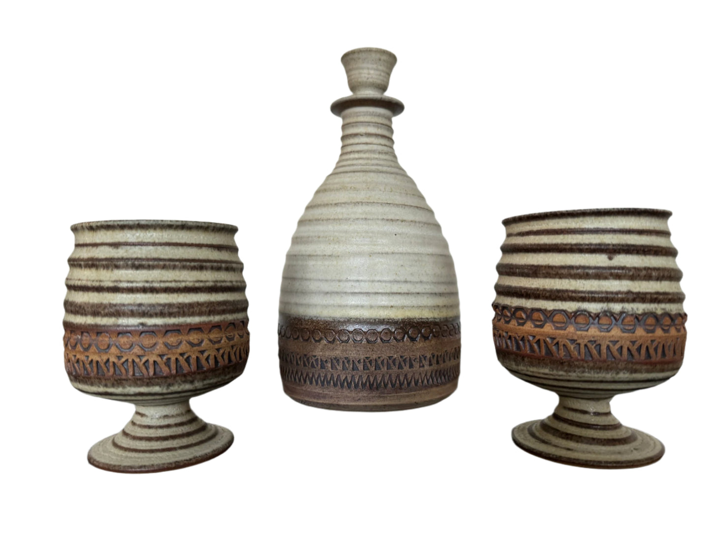 Mid-Century Broadstairs Pottery Stoneware Decanter and Cups