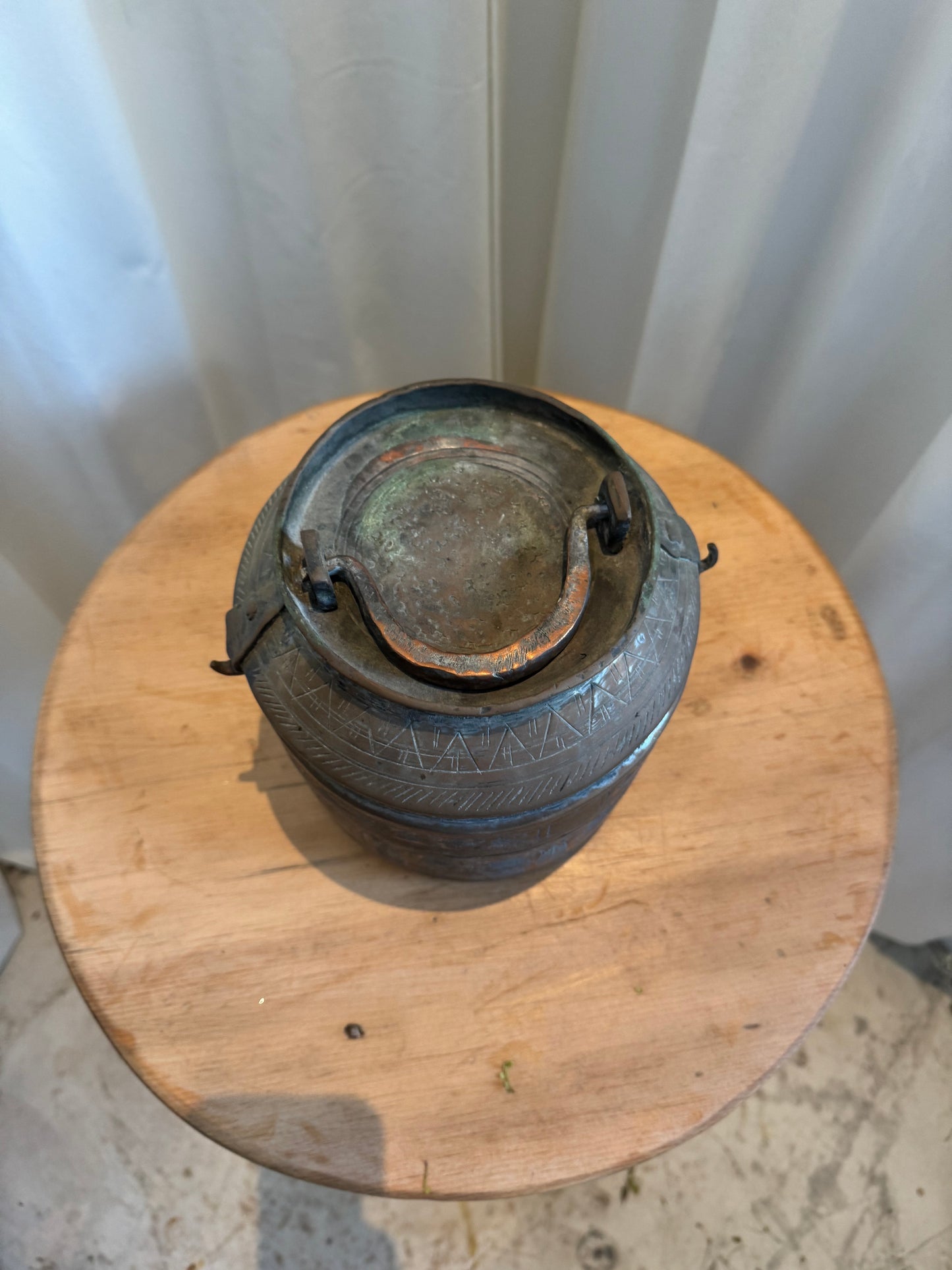 Antique Handcrafted Turkish Copper Lunch Pail with Ornate Etchings