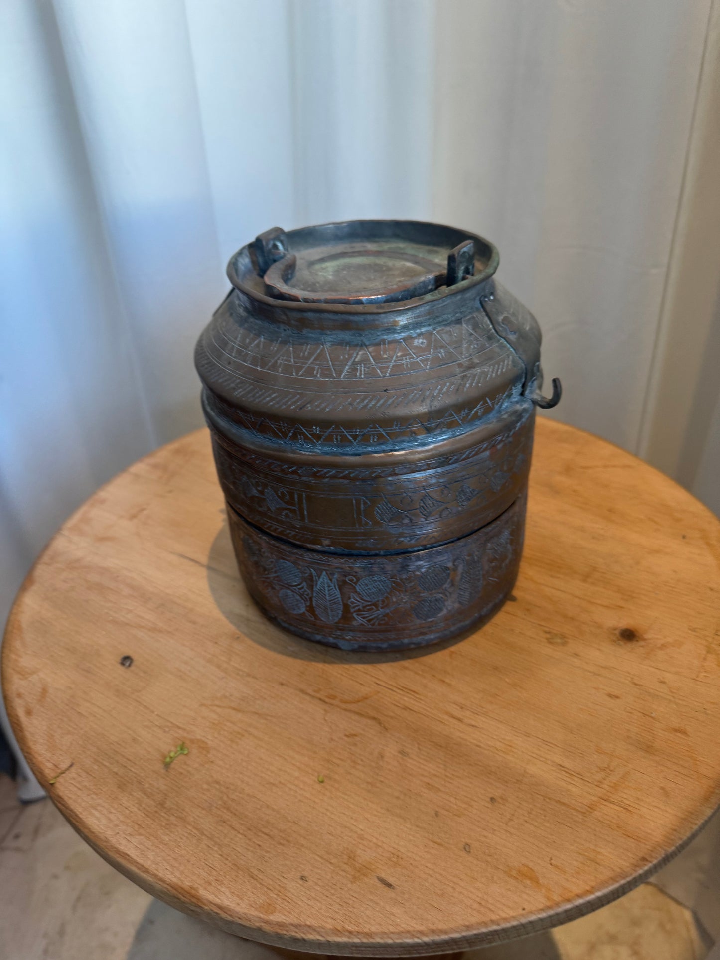 Antique Handcrafted Turkish Copper Lunch Pail with Ornate Etchings