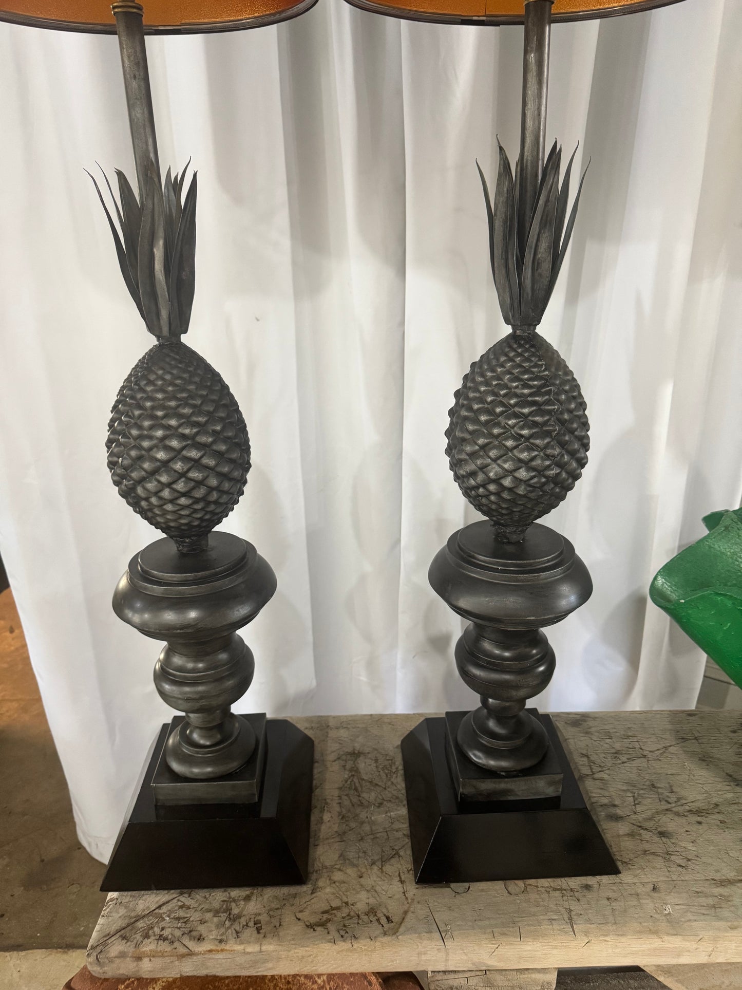 Pair of Vintage Metal Pineapple Table Lamps – Ornate Neoclassical Style