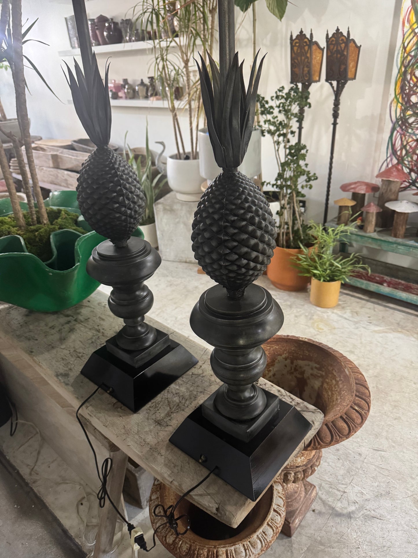 Pair of Vintage Metal Pineapple Table Lamps – Ornate Neoclassical Style