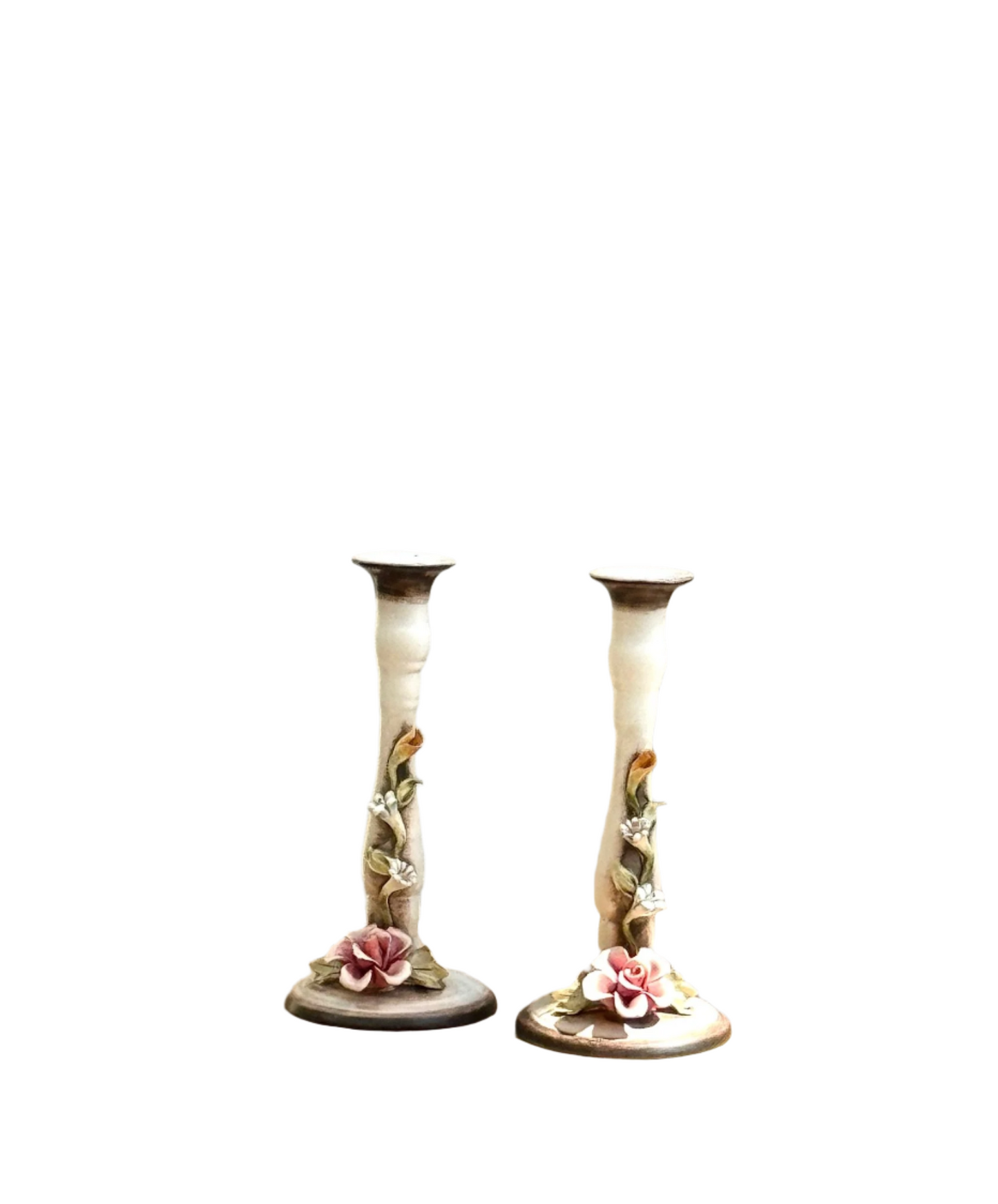 Pair of Ceramic Candlesticks with Floral Decoration