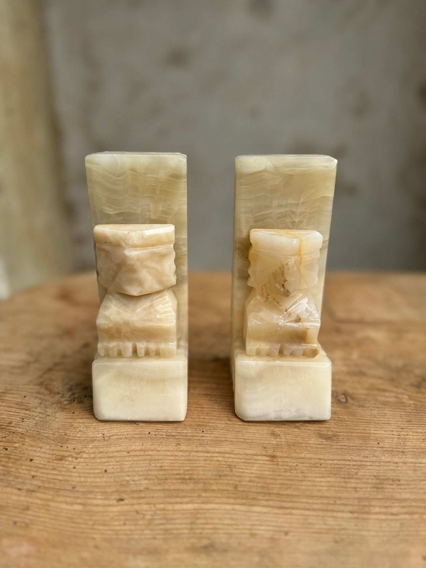 Mid Century Carved Marble Onyx Stone Aztec Mayan Tribal Bookends