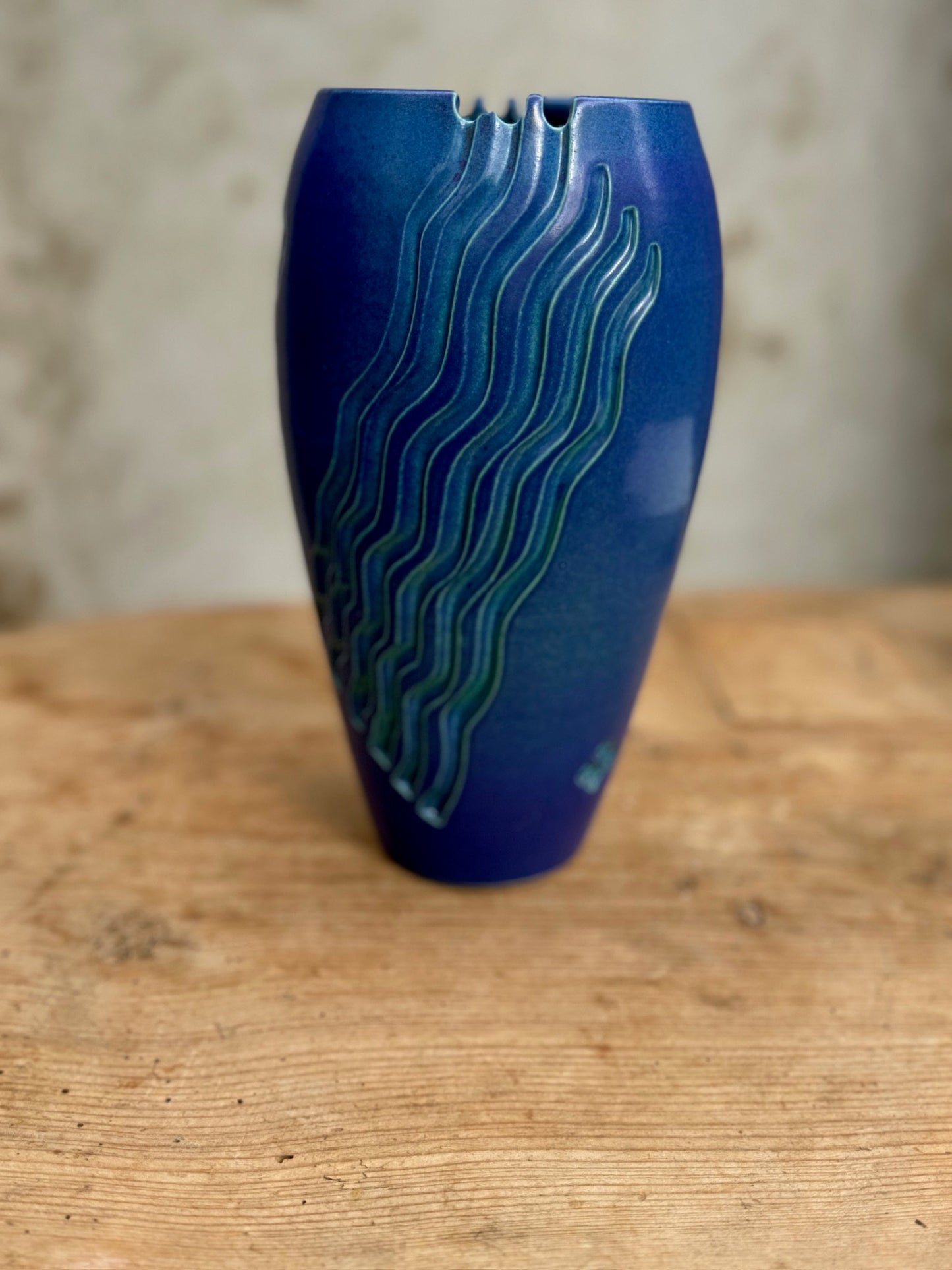 Ceramic Blue Vase with Carved Designs