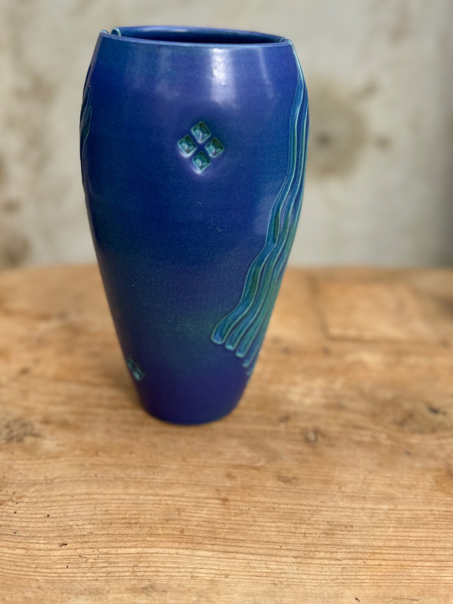 Ceramic Blue Vase with Carved Designs