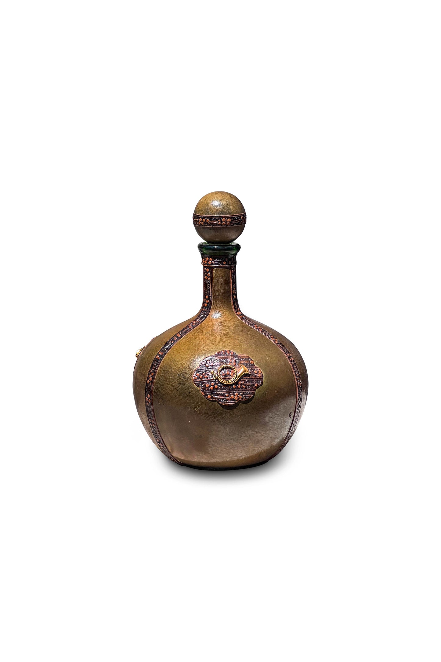 Vintage Italian Leather Wrapped Green Decanter with Musical Horn