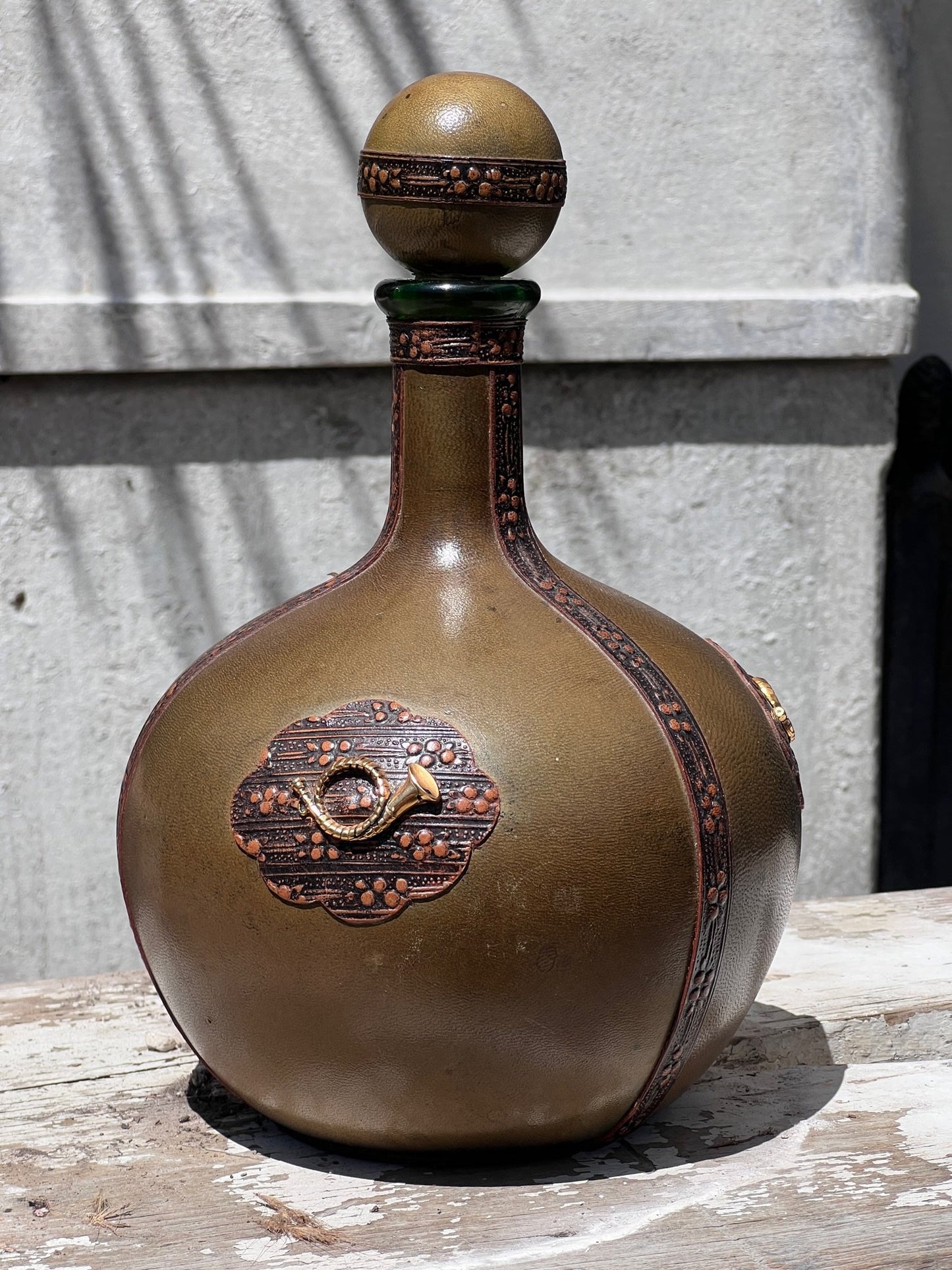 Vintage Italian Leather Wrapped Green Decanter with Musical Horn