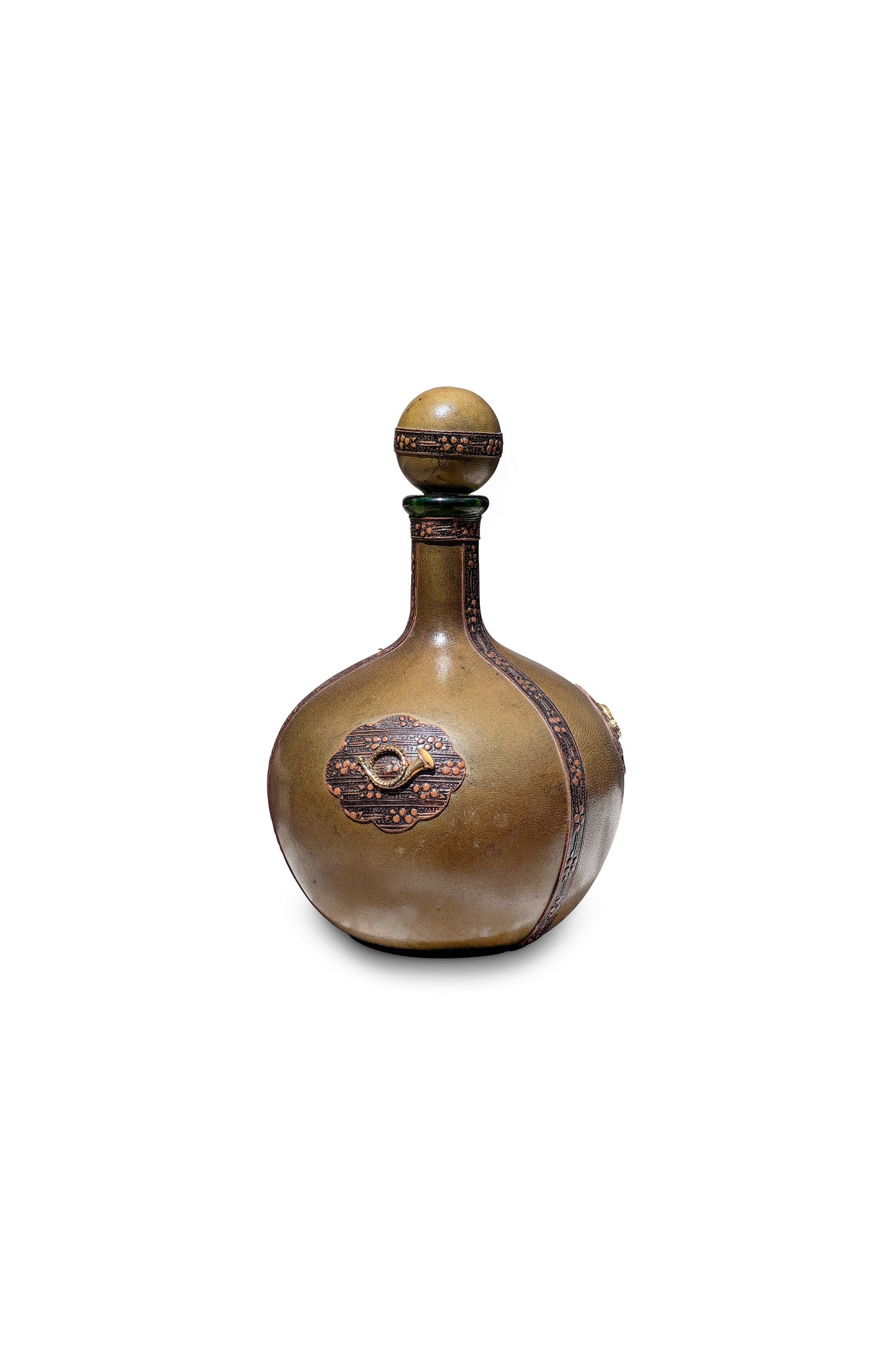 Vintage Italian Leather Wrapped Green Decanter with Musical Horn