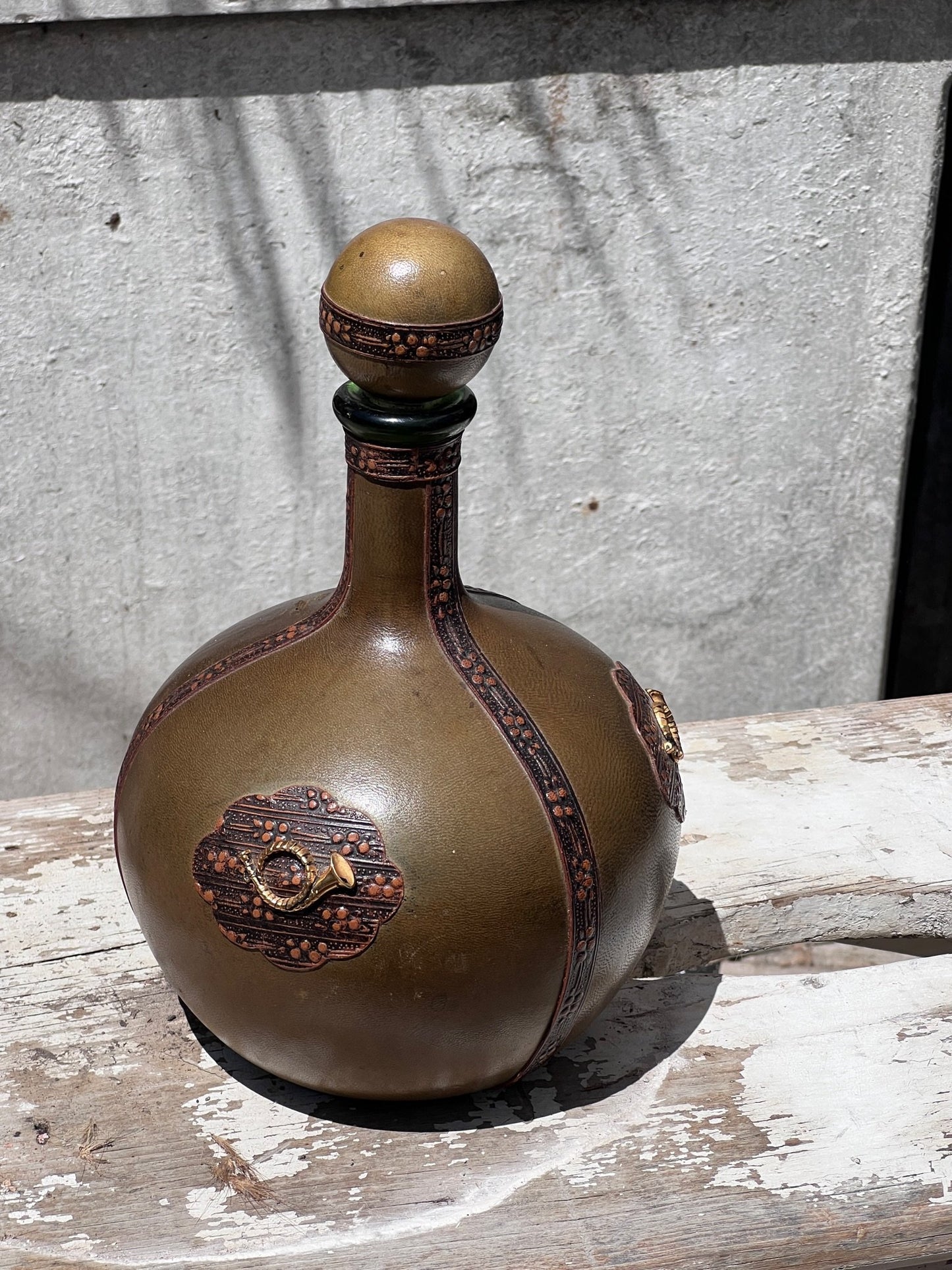 Vintage Italian Leather Wrapped Green Decanter with Musical Horn