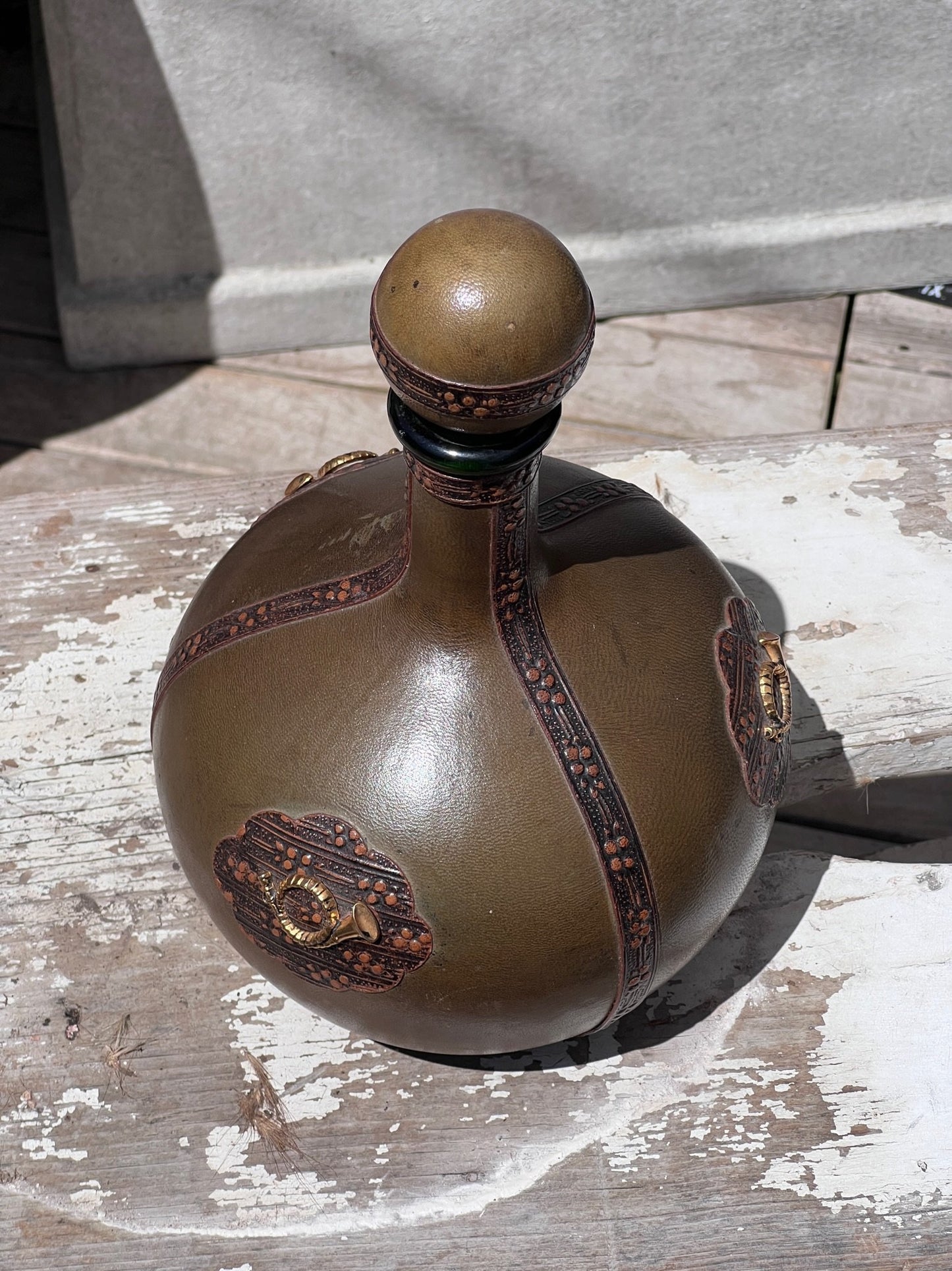 Vintage Italian Leather Wrapped Green Decanter with Musical Horn