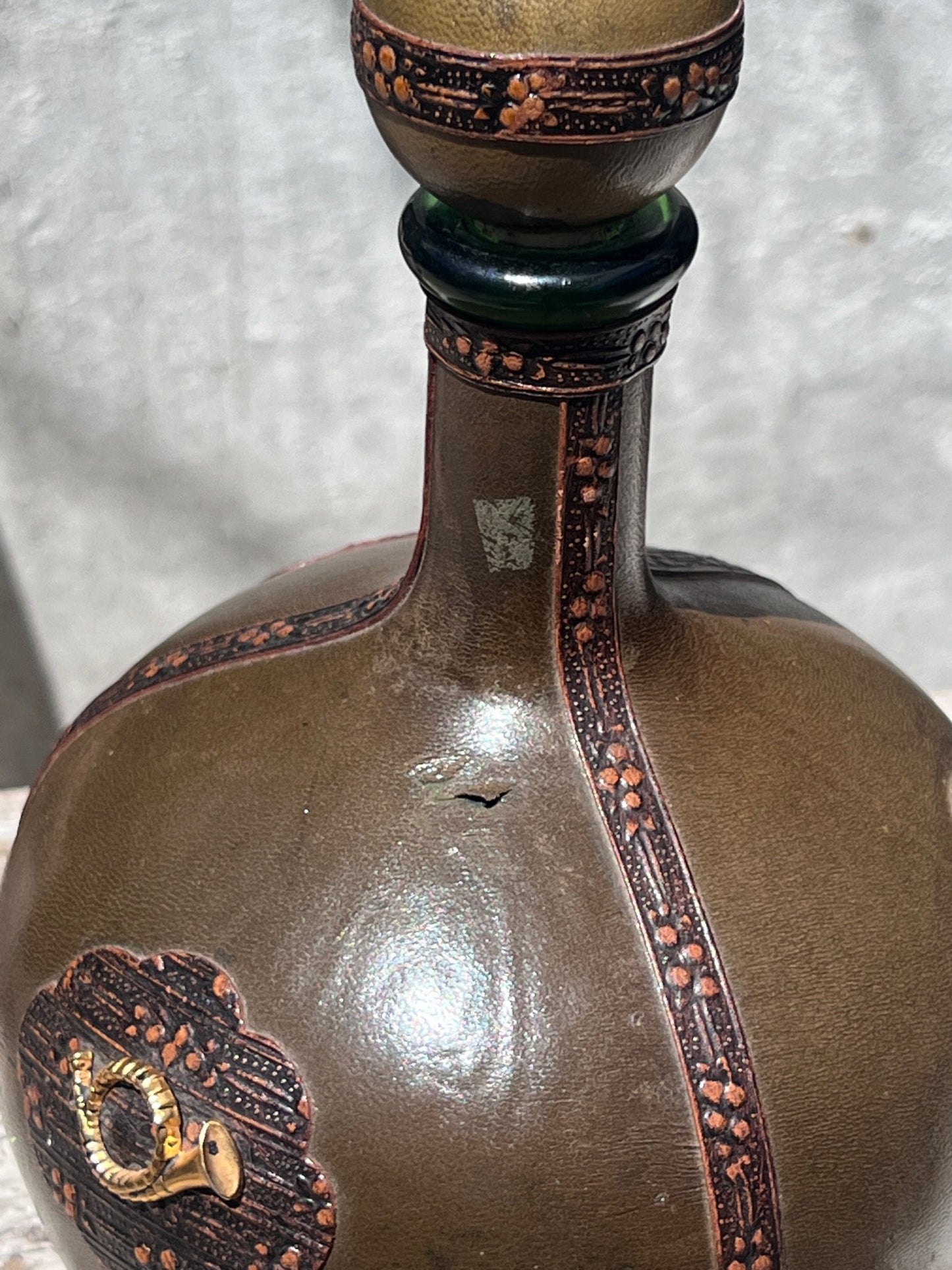 Vintage Italian Leather Wrapped Green Decanter with Musical Horn