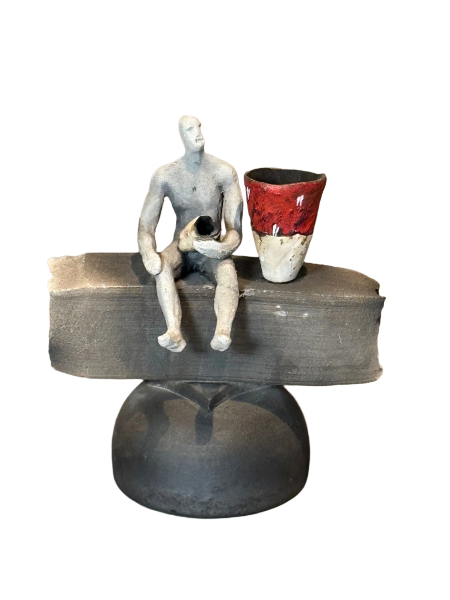 Abstract Modern Ceramic Sculpture – Human Figure with Red Vessel