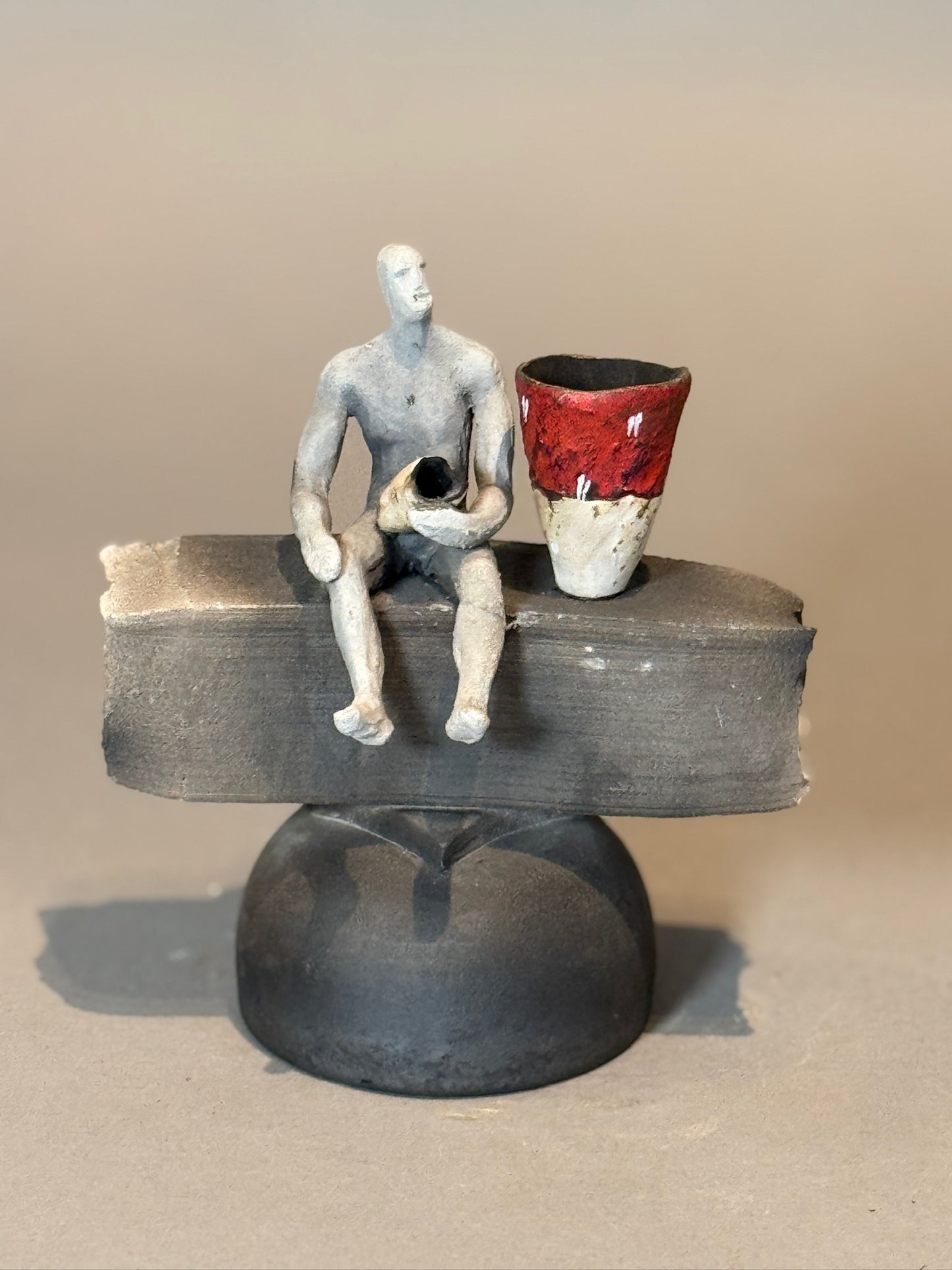 Abstract Modern Ceramic Sculpture – Human Figure with Red Vessel