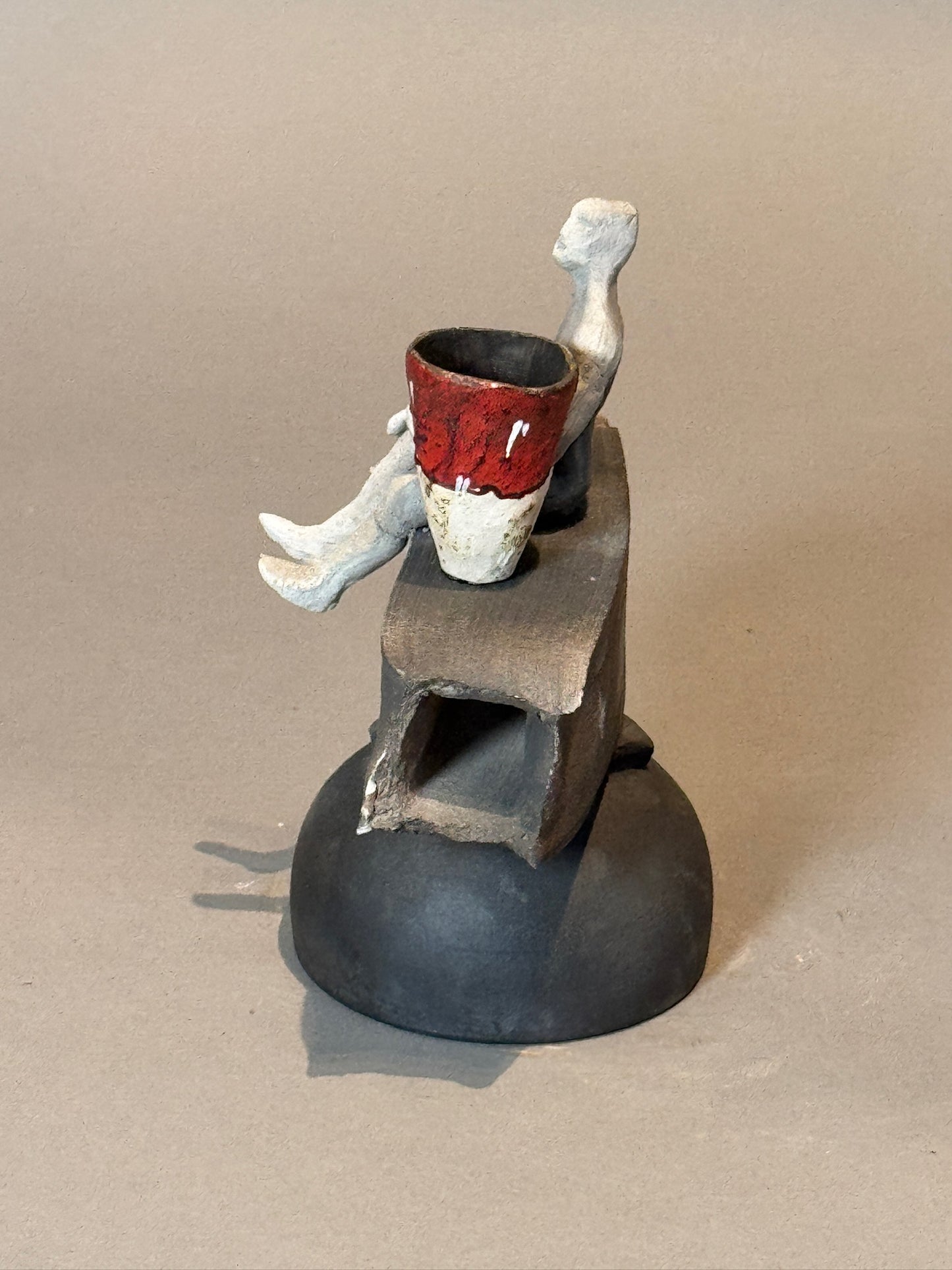 Abstract Modern Ceramic Sculpture – Human Figure with Red Vessel