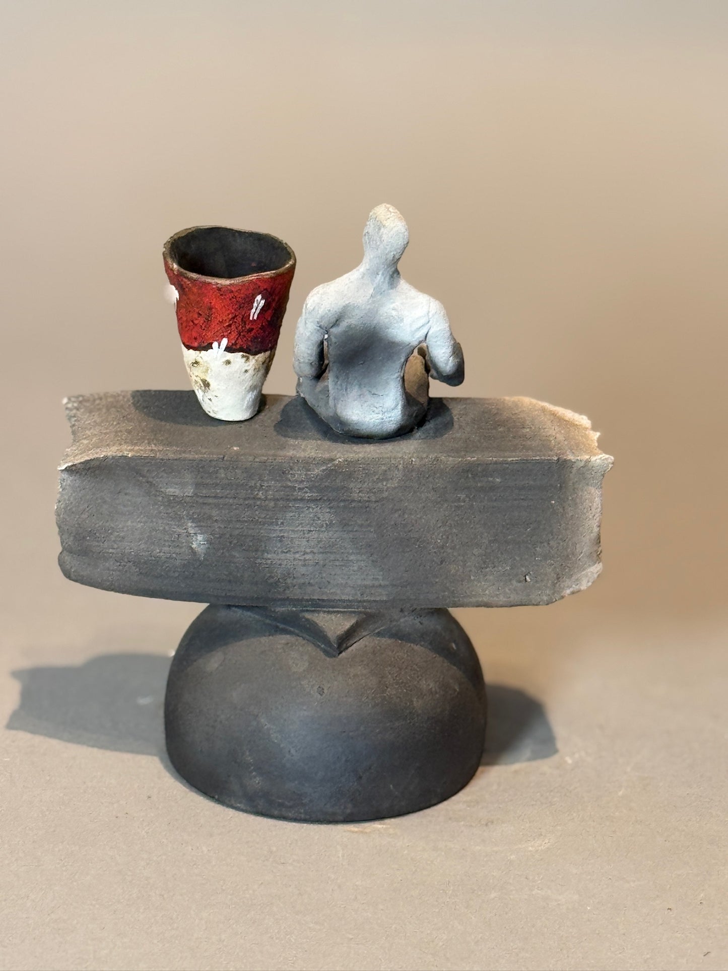 Abstract Modern Ceramic Sculpture – Human Figure with Red Vessel