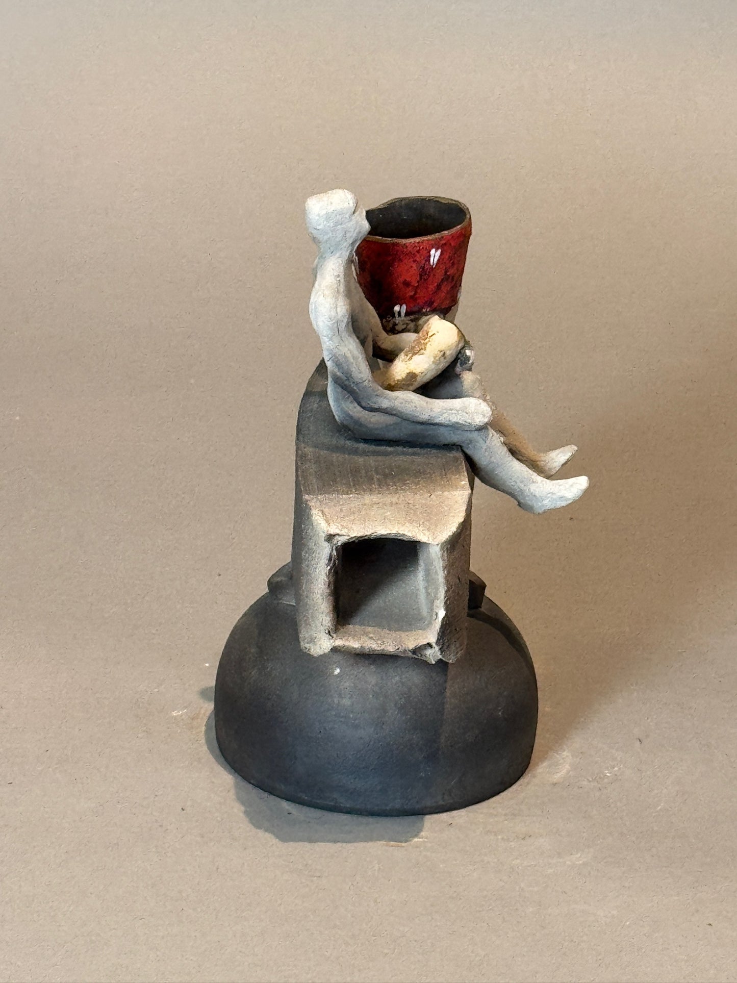 Abstract Modern Ceramic Sculpture – Human Figure with Red Vessel