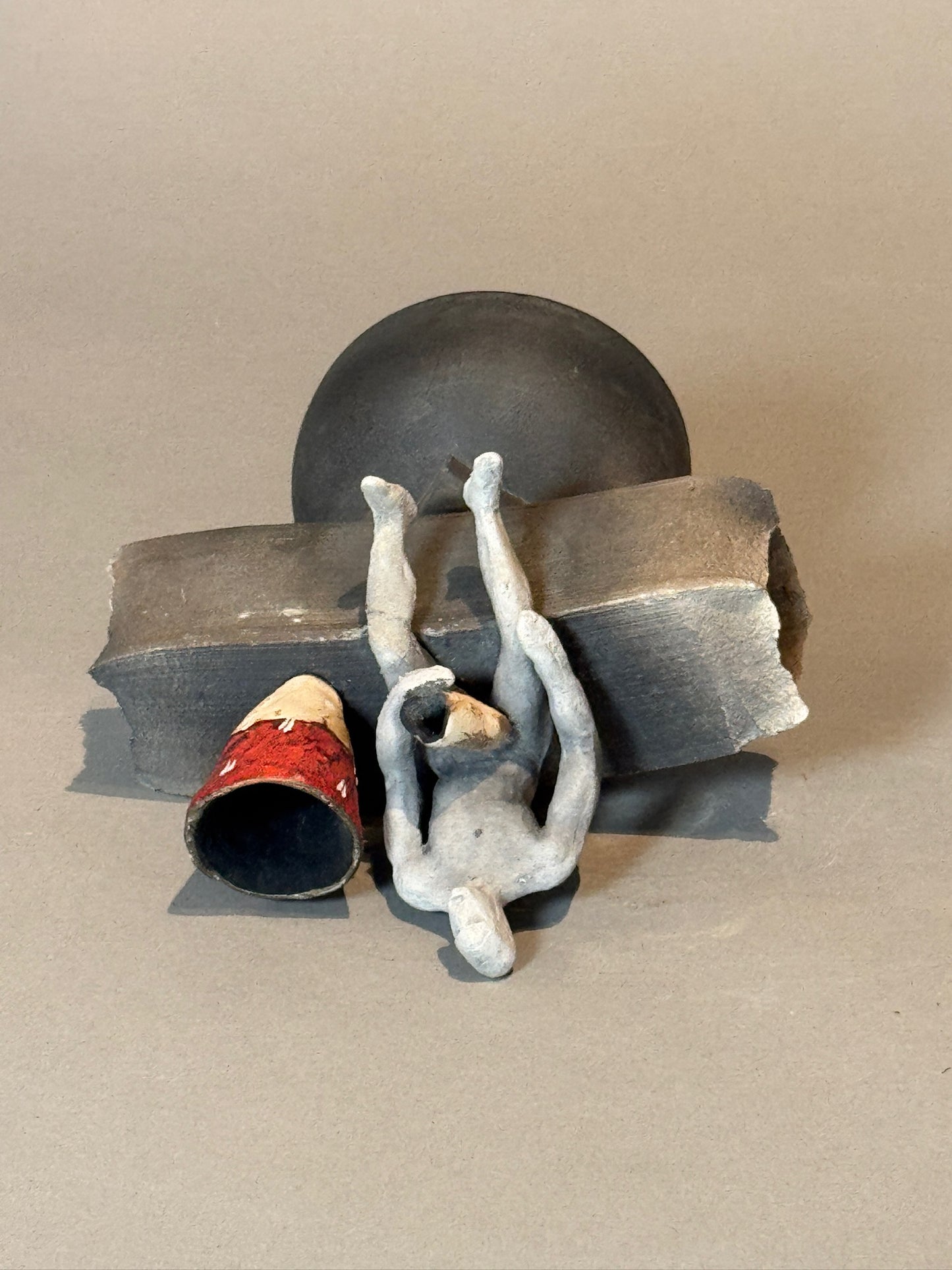 Abstract Modern Ceramic Sculpture – Human Figure with Red Vessel