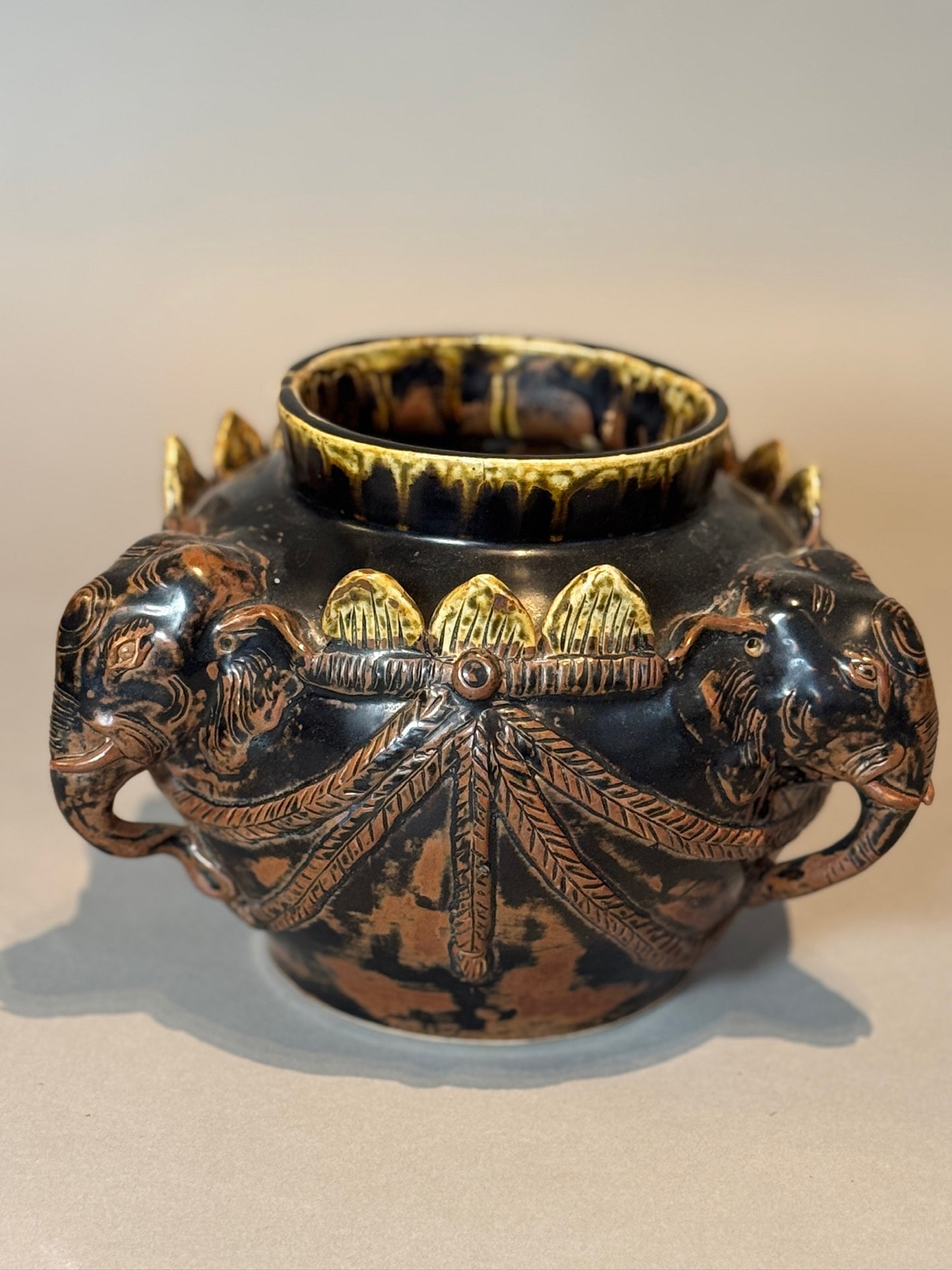 Antique Elephant Motif Ceramic Vessel with Gilded Accents