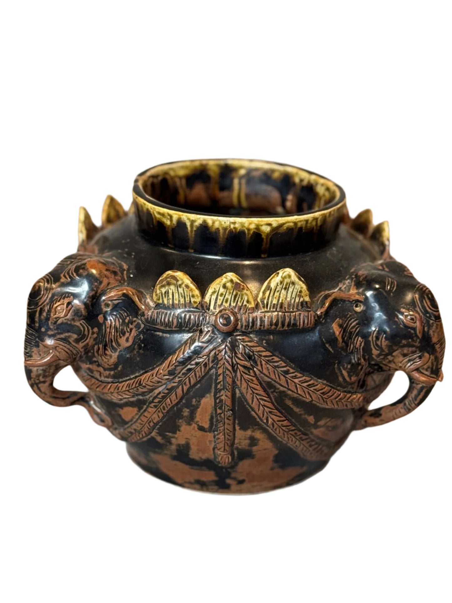 Antique Elephant Motif Ceramic Vessel with Gilded Accents