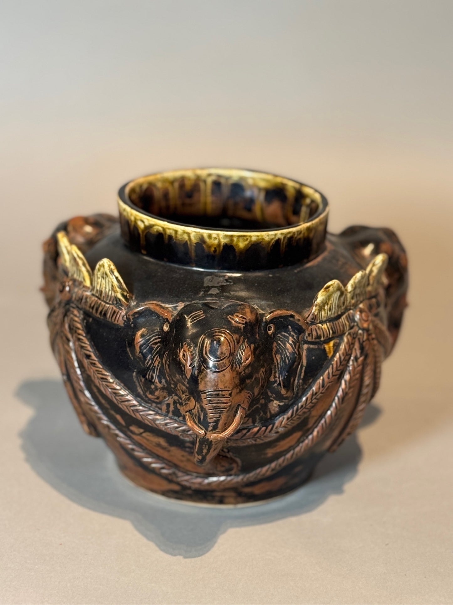 Antique Elephant Motif Ceramic Vessel with Gilded Accents