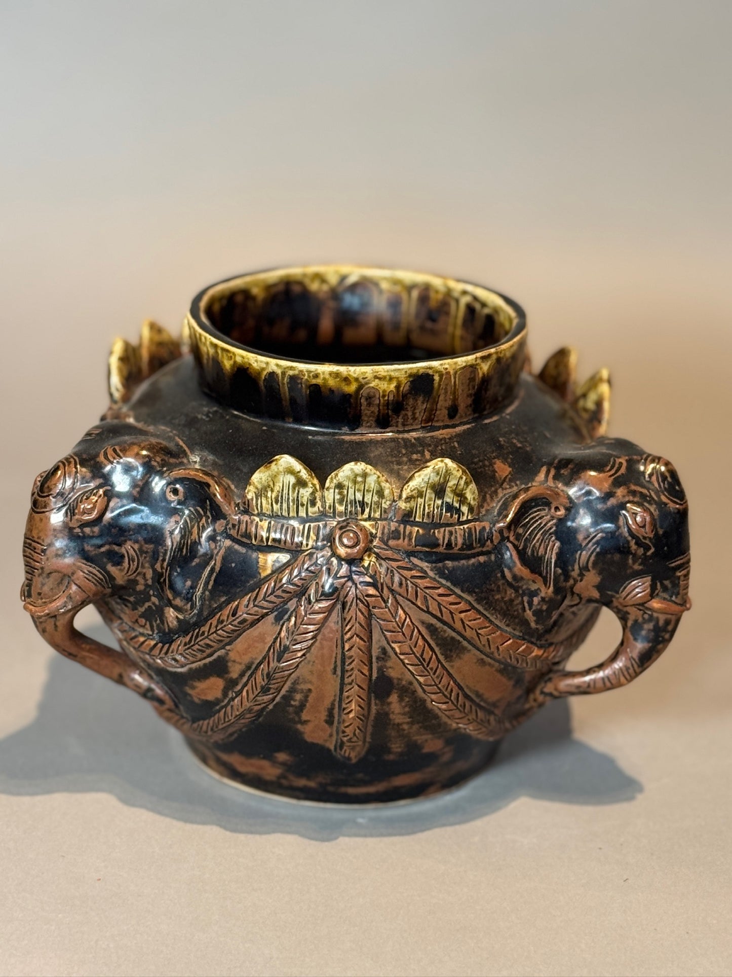 Antique Elephant Motif Ceramic Vessel with Gilded Accents