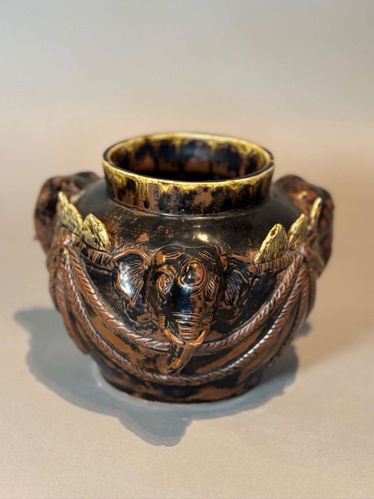 Antique Elephant Motif Ceramic Vessel with Gilded Accents