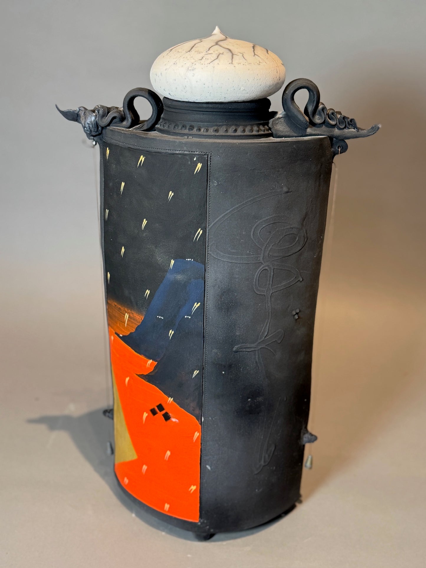 Striking Signed Hand-Painted Sculptural Ceramic Jar with Lid – Abstract & Contemporary Art Pottery